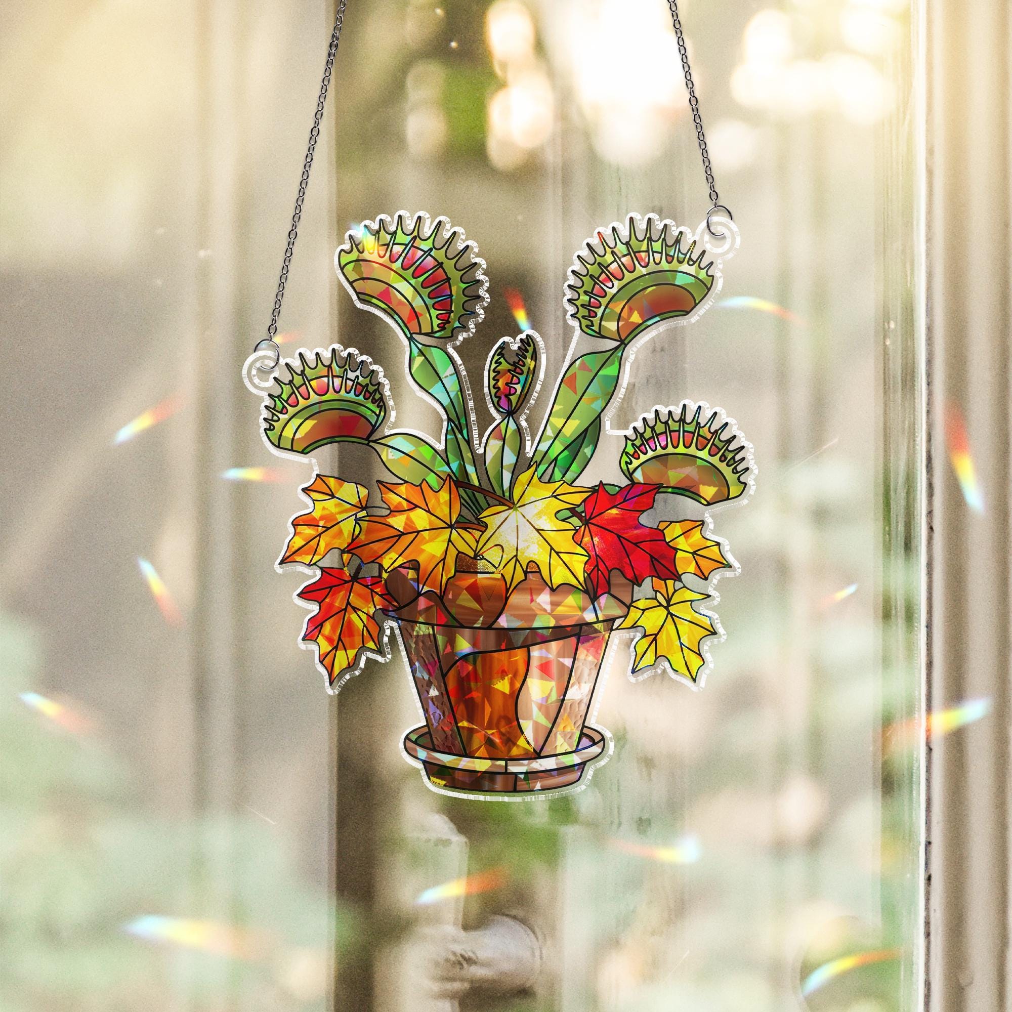 Venus Flytrap Autumn Hologram Window Hanging – Colorful Fall Plant Suncatcher, Unique Carnivorous Decor, Creepy Cute Halloween Gift