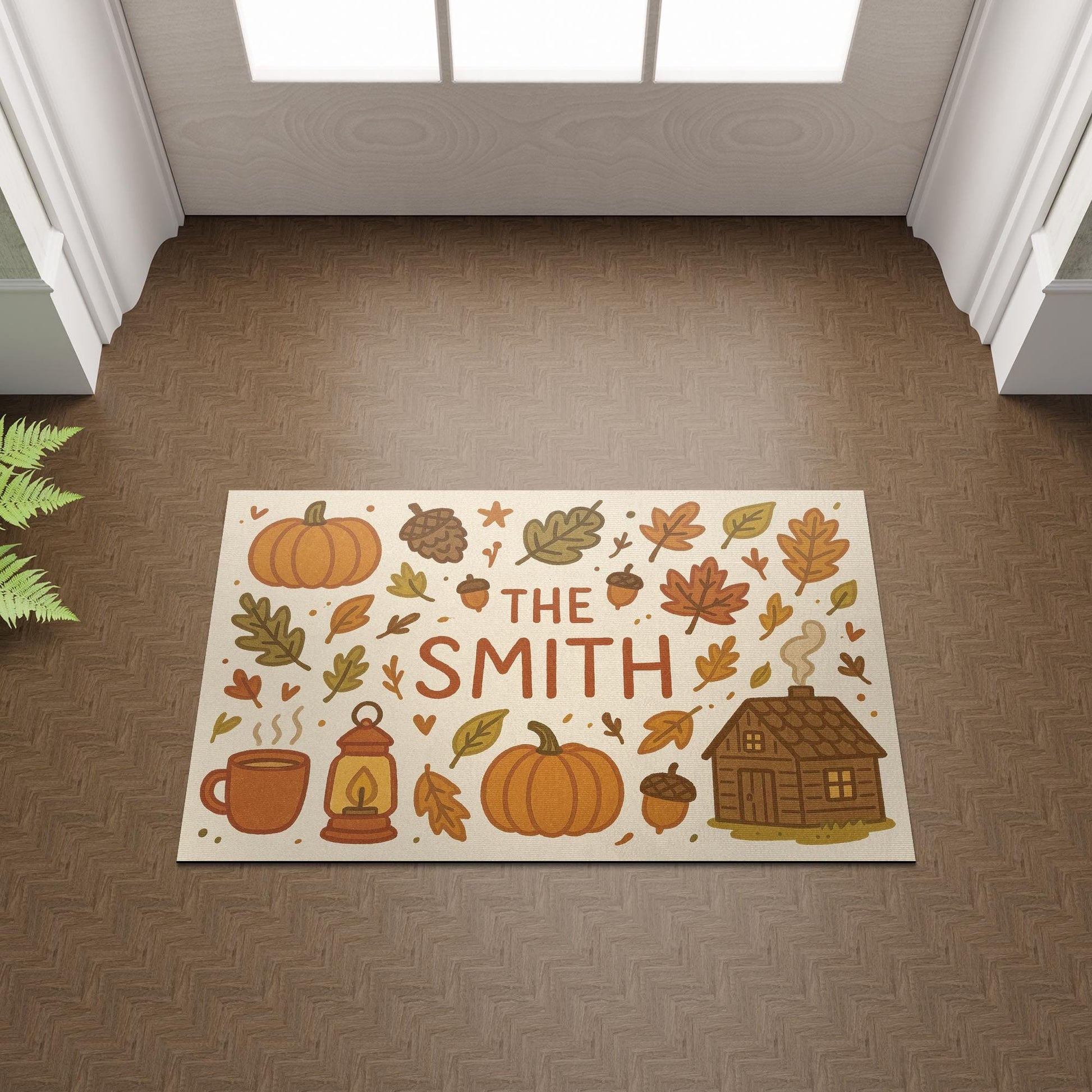 Custom Fall Doormat, Personalized Autumn Welcome Mat with Family Name, Pumpkin and Cabin Decor, Rustic Front Porch Mat