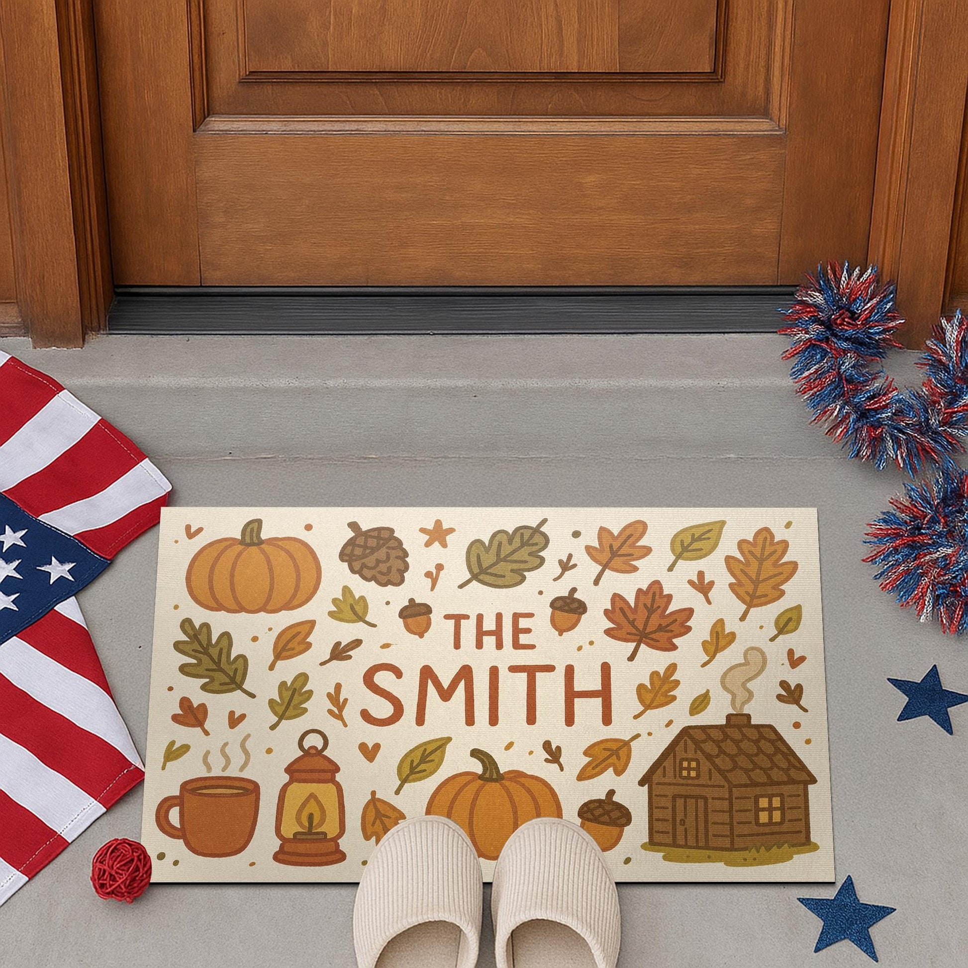 Custom Fall Doormat, Personalized Autumn Welcome Mat with Family Name, Pumpkin and Cabin Decor, Rustic Front Porch Mat