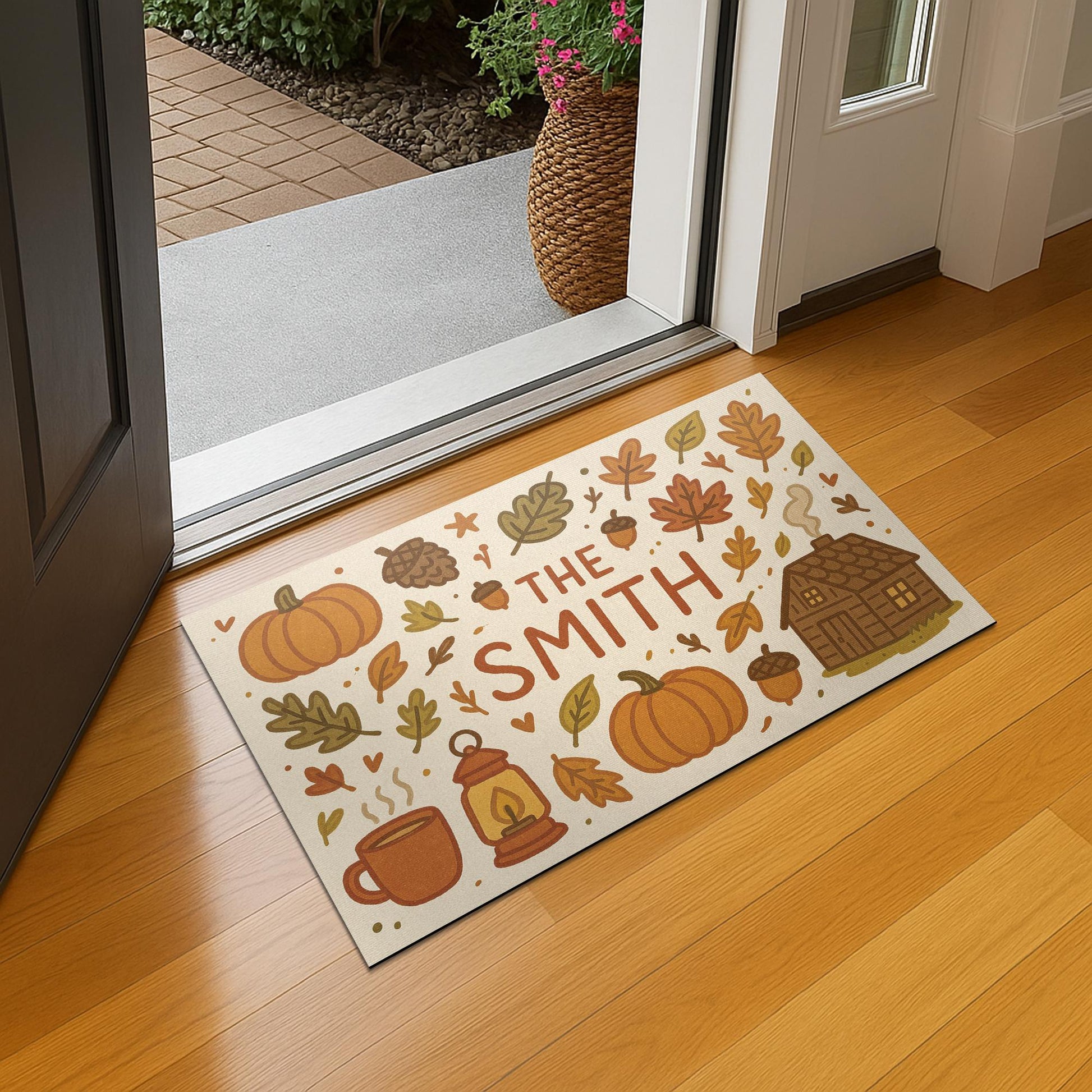 Custom Fall Doormat, Personalized Autumn Welcome Mat with Family Name, Pumpkin and Cabin Decor, Rustic Front Porch Mat