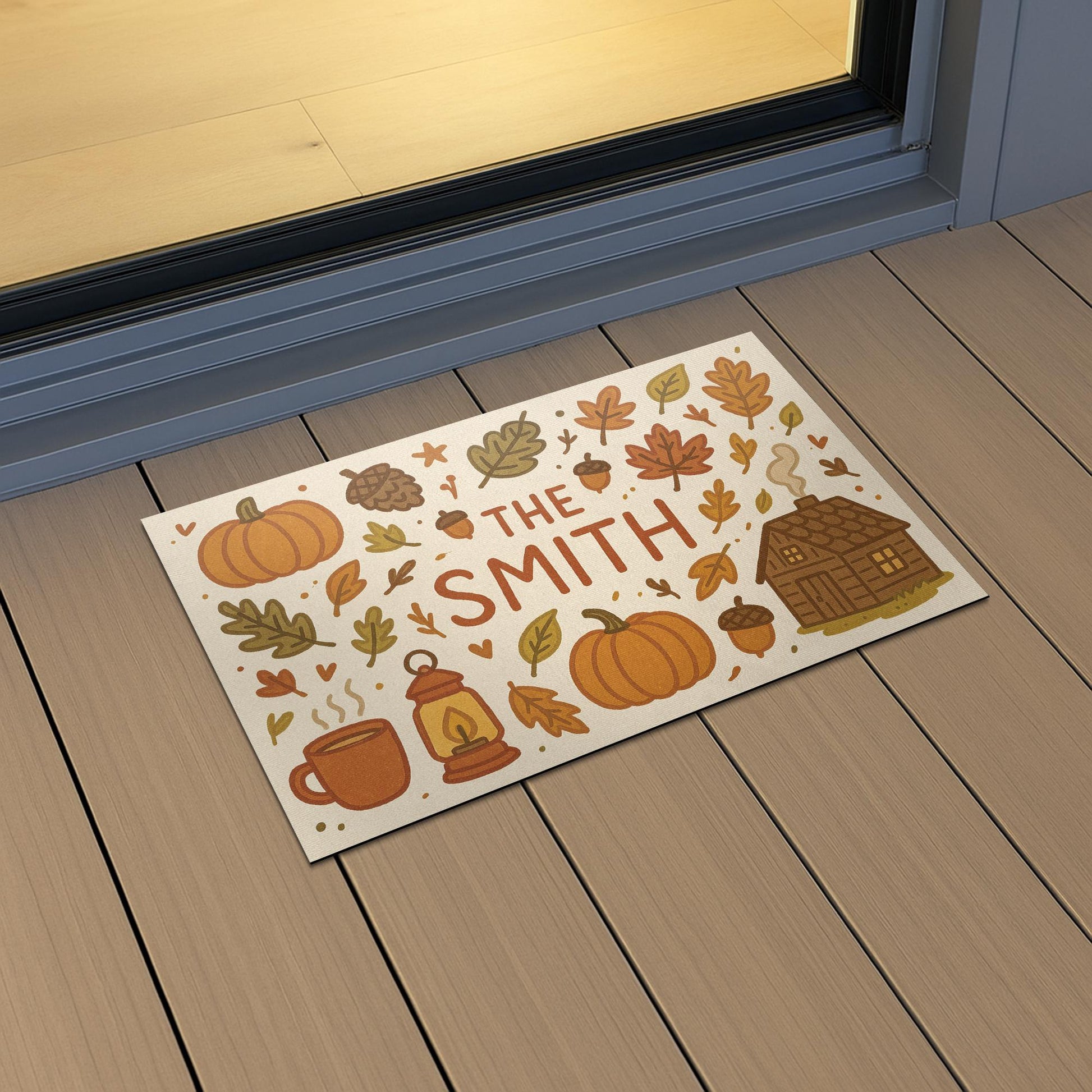 Custom Fall Doormat, Personalized Autumn Welcome Mat with Family Name, Pumpkin and Cabin Decor, Rustic Front Porch Mat