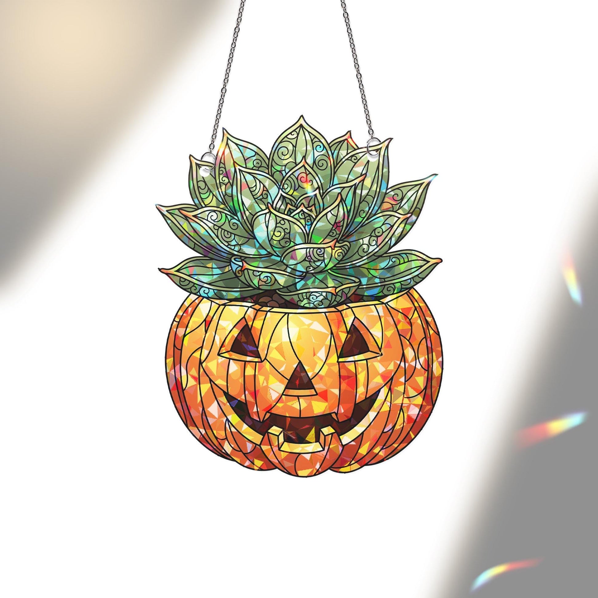 Succulent Jack-O'-Lantern Hologram Window Hanging – Halloween Plant Decor, Spooky Autumn Suncatcher, Fall Gothic Gift Idea