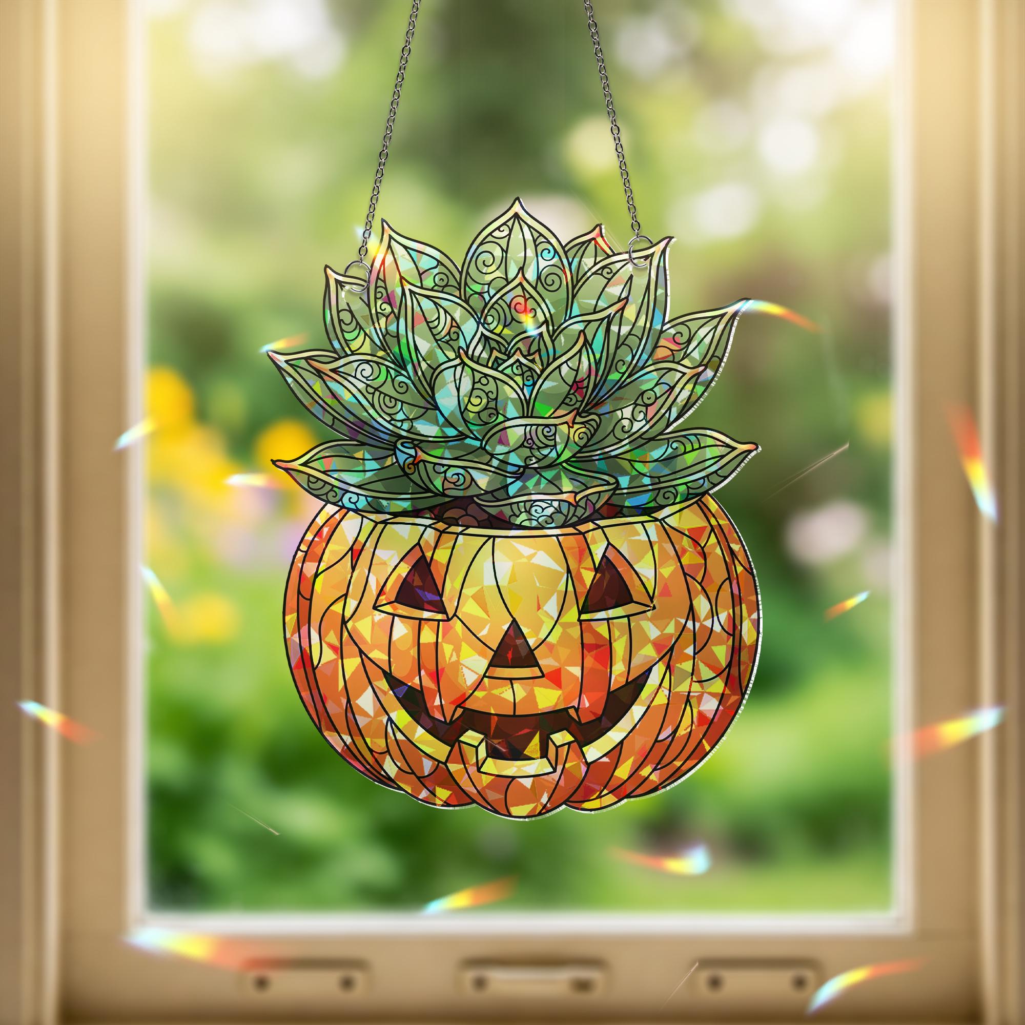 Succulent Jack-O'-Lantern Hologram Window Hanging – Halloween Plant Decor, Spooky Autumn Suncatcher, Fall Gothic Gift Idea