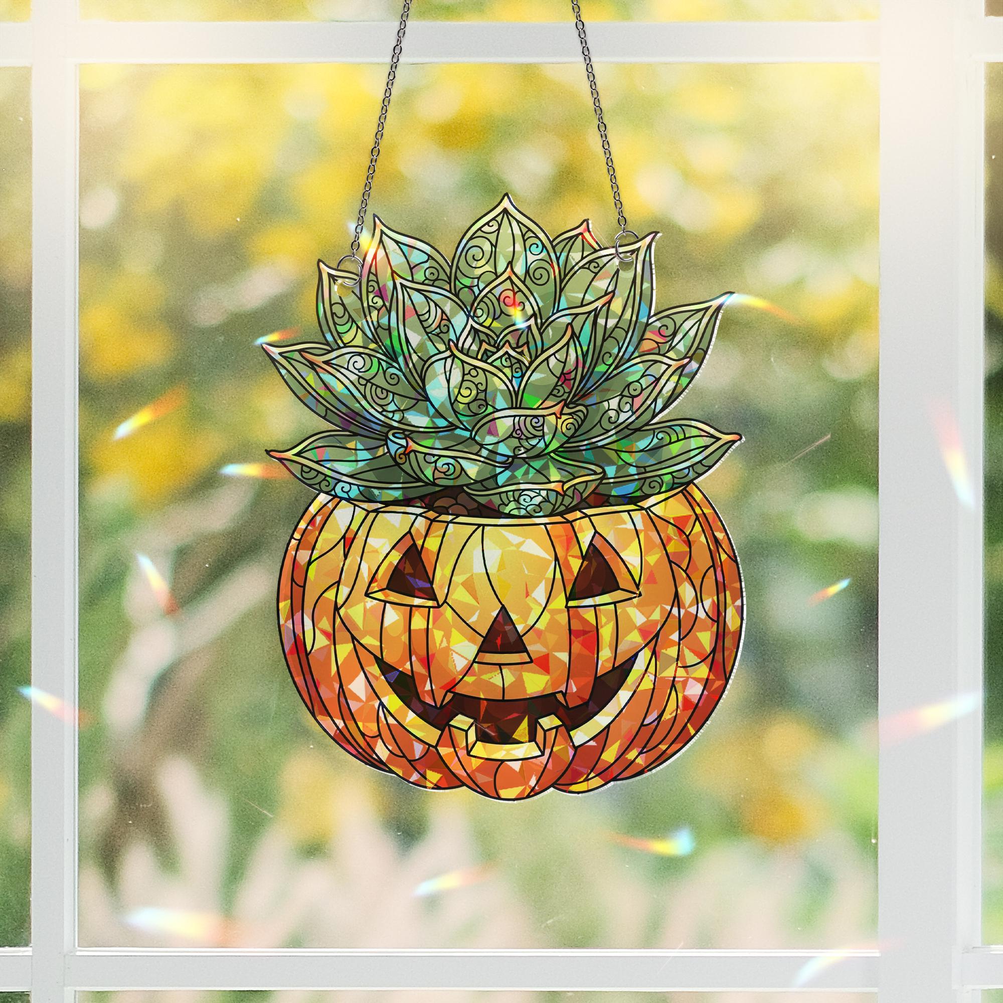 Succulent Jack-O'-Lantern Hologram Window Hanging – Halloween Plant Decor, Spooky Autumn Suncatcher, Fall Gothic Gift Idea
