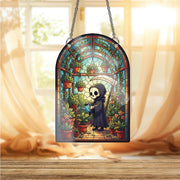 Grim Reaper Garden Window Hanging – Gothic Greenhouse Suncatcher, Spooky Skeleton Plant Decor, Halloween Glass Wall Ornament