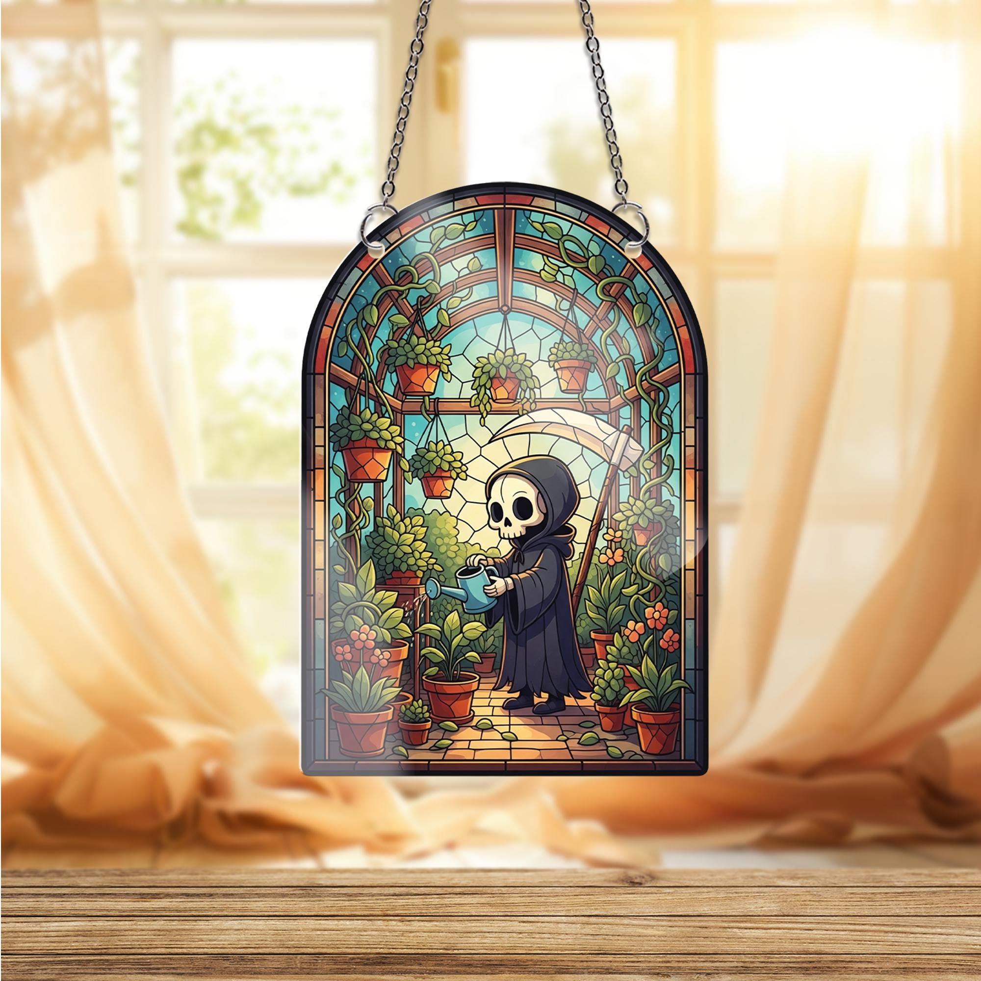 Grim Reaper Garden Window Hanging – Gothic Greenhouse Suncatcher, Spooky Skeleton Plant Decor, Halloween Glass Wall Ornament