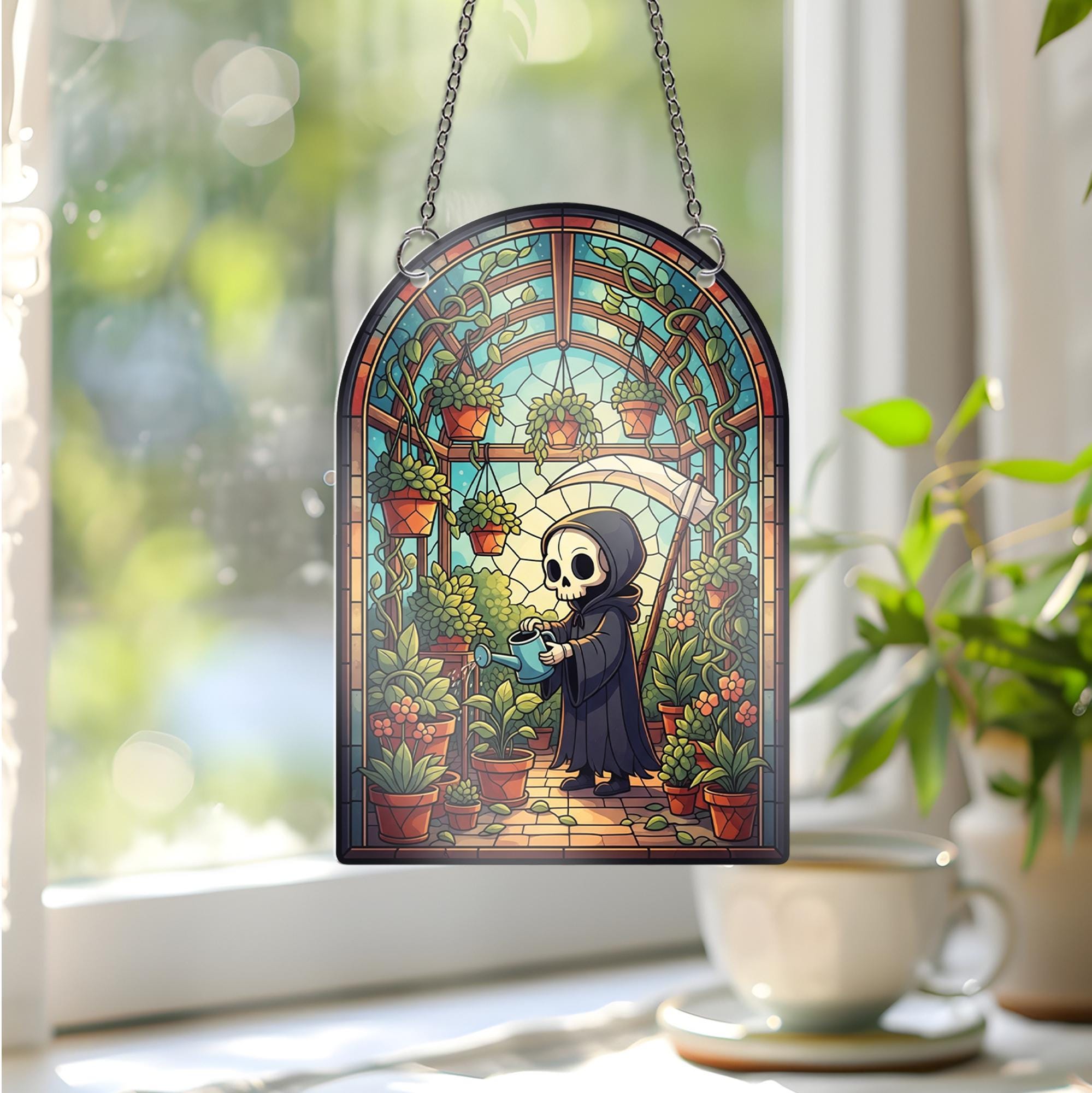 Grim Reaper Garden Window Hanging – Gothic Greenhouse Suncatcher, Spooky Skeleton Plant Decor, Halloween Glass Wall Ornament
