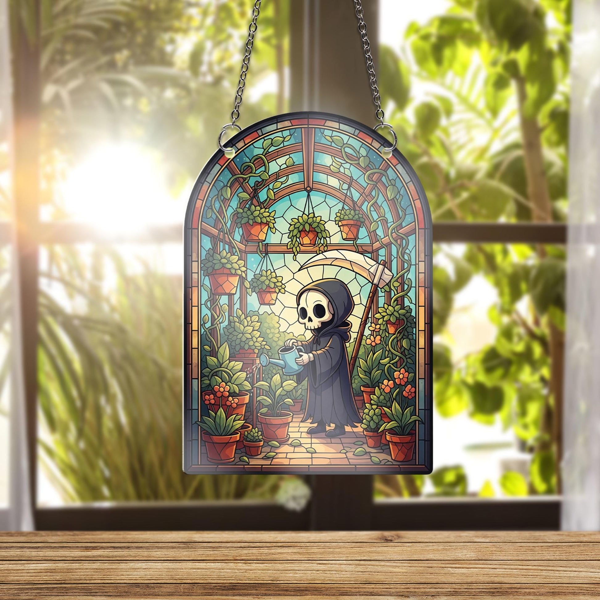 Grim Reaper Garden Window Hanging – Gothic Greenhouse Suncatcher, Spooky Skeleton Plant Decor, Halloween Glass Wall Ornament