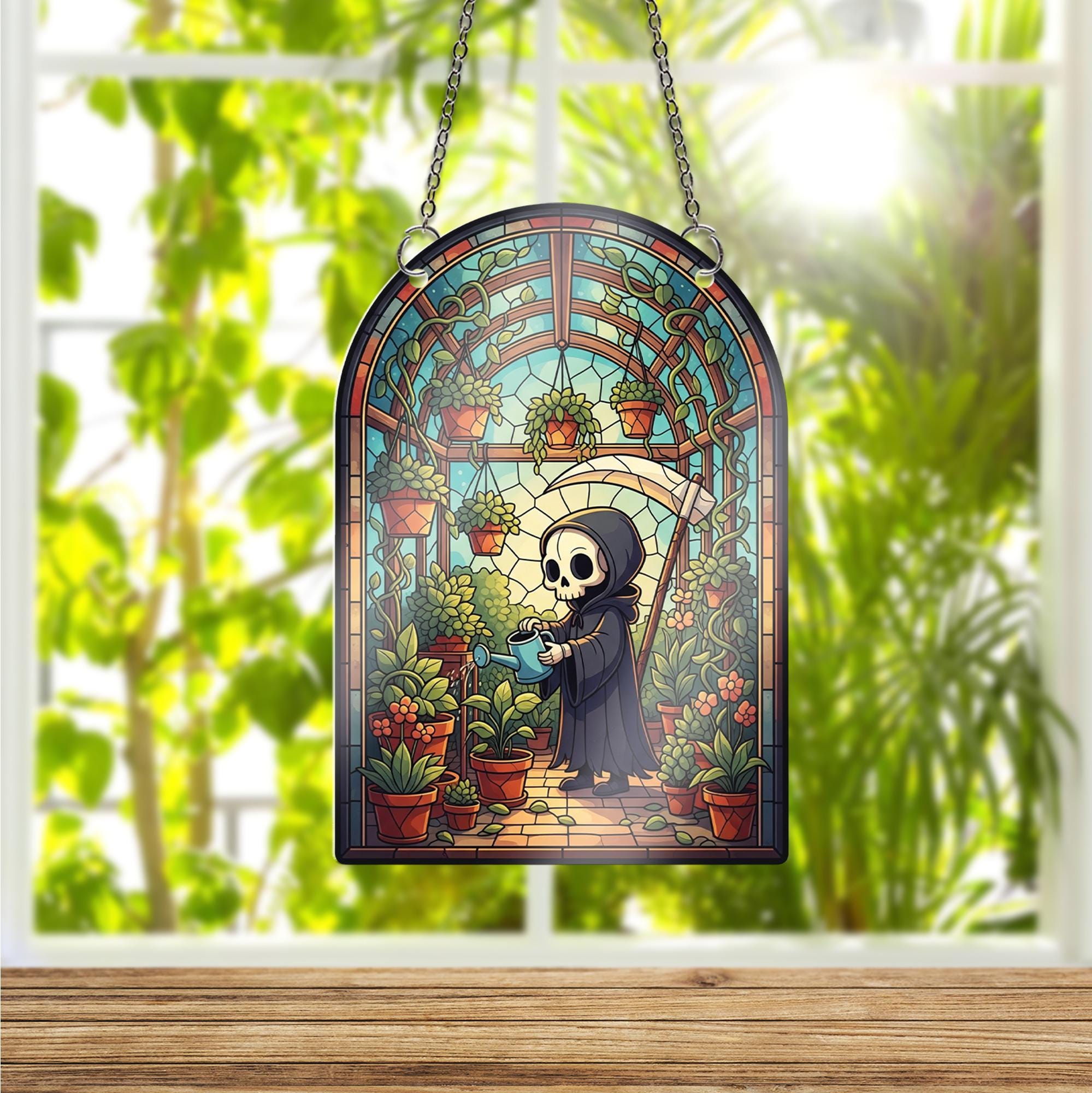 Grim Reaper Garden Window Hanging – Gothic Greenhouse Suncatcher, Spooky Skeleton Plant Decor, Halloween Glass Wall Ornament