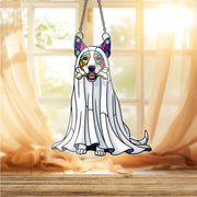 Ghost Dog Window Hanging – Halloween Pup Suncatcher, Stained Glass Pet Decor, Cute Dog in Costume with Bone, Fall Window Art