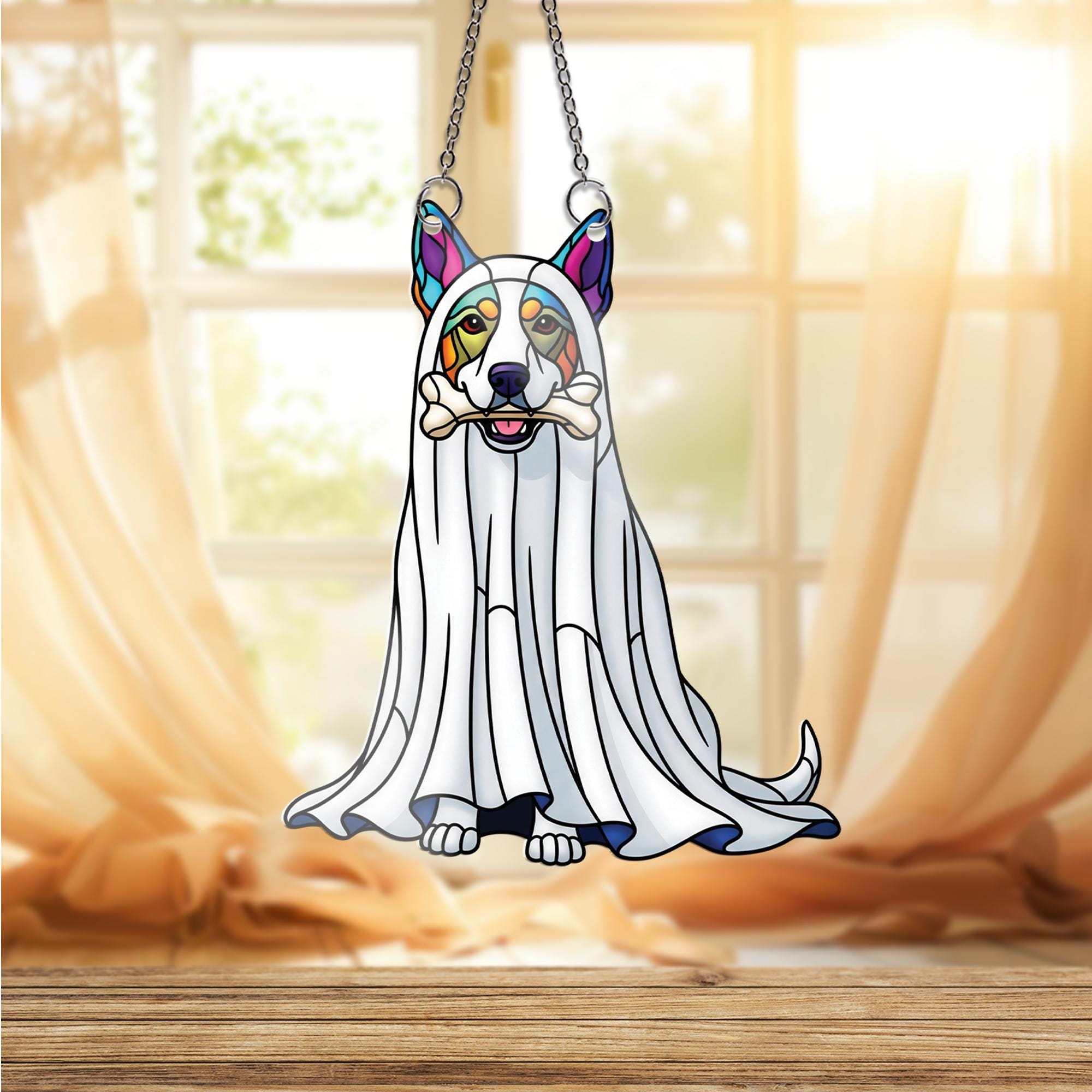 Ghost Dog Window Hanging – Halloween Pup Suncatcher, Stained Glass Pet Decor, Cute Dog in Costume with Bone, Fall Window Art