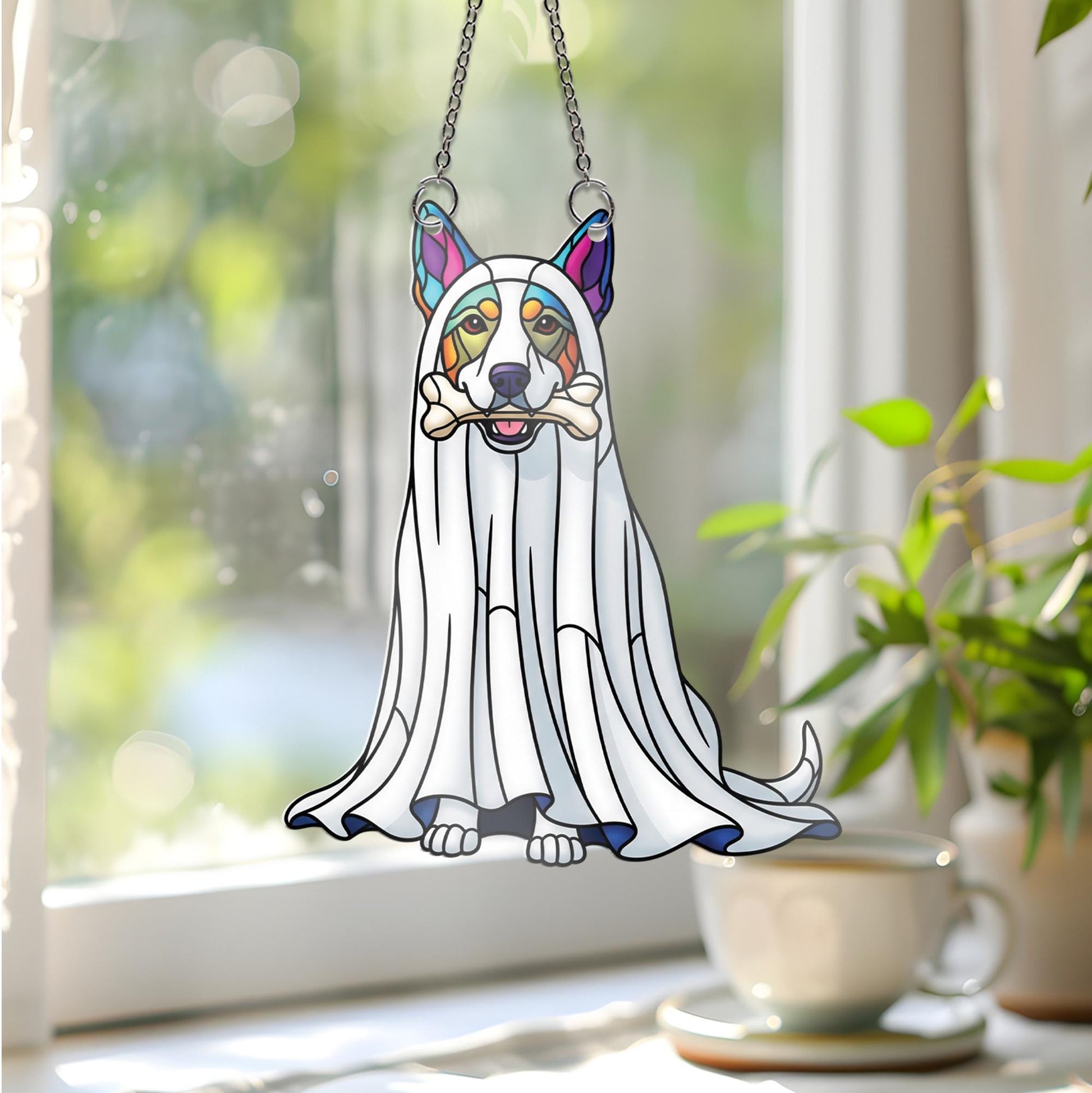 Ghost Dog Window Hanging – Halloween Pup Suncatcher, Stained Glass Pet Decor, Cute Dog in Costume with Bone, Fall Window Art