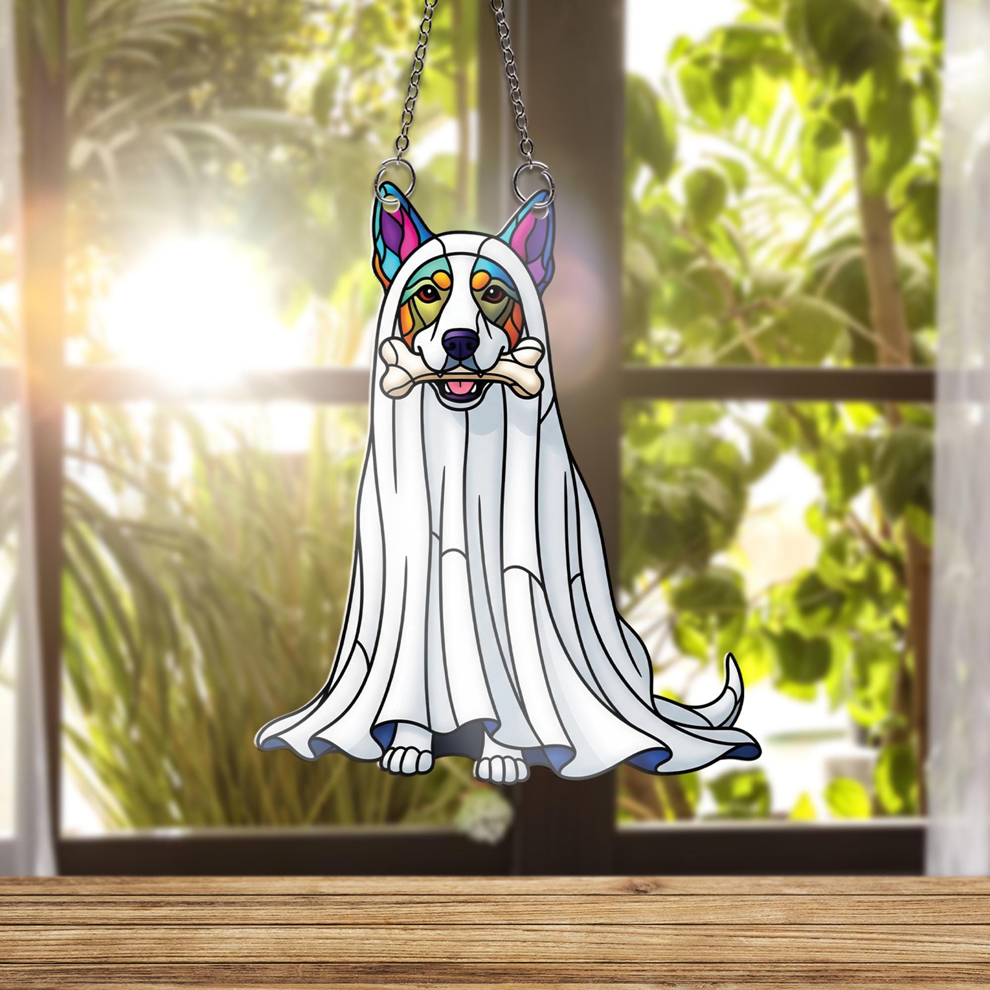 Ghost Dog Window Hanging – Halloween Pup Suncatcher, Stained Glass Pet Decor, Cute Dog in Costume with Bone, Fall Window Art