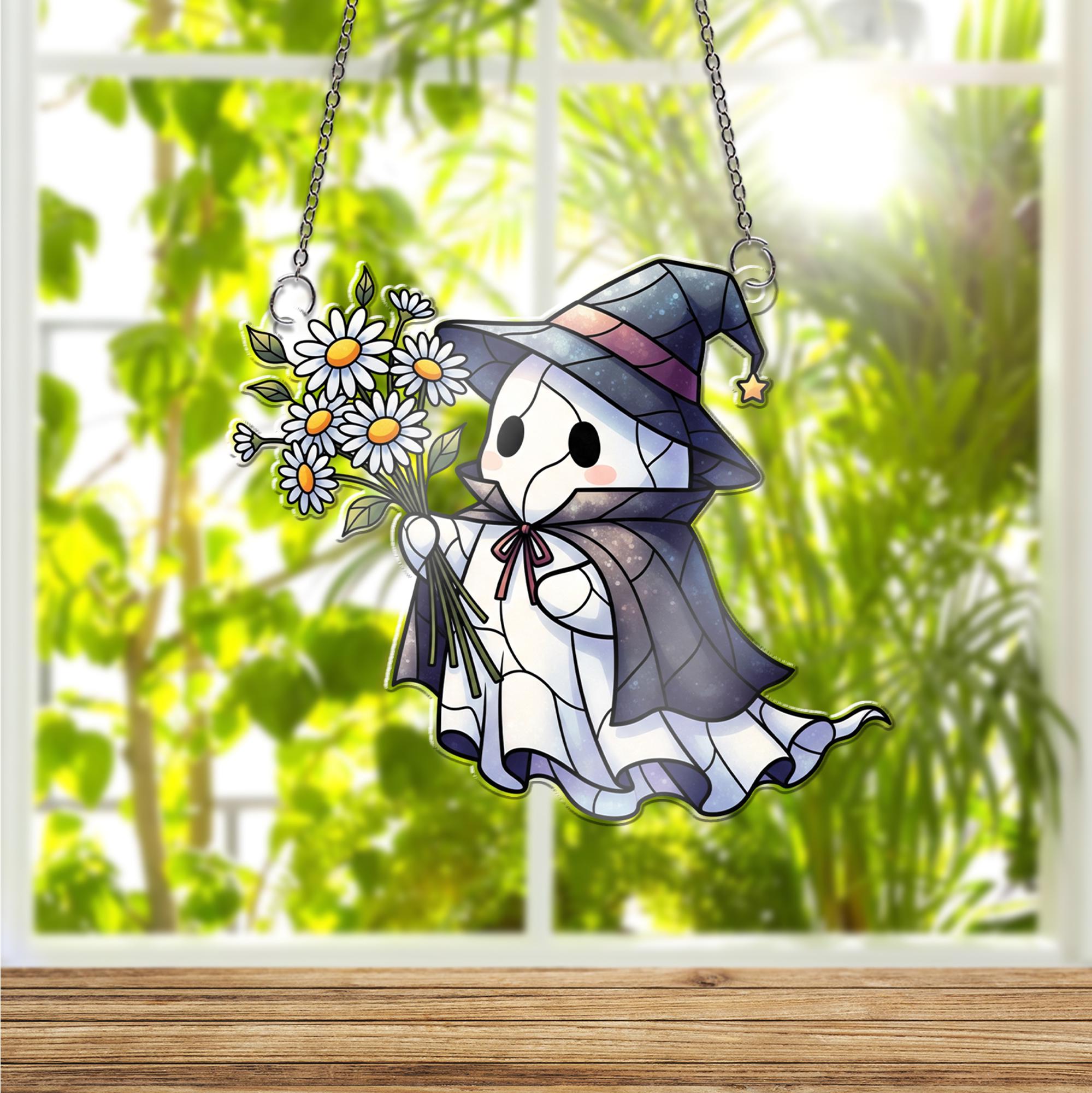 Ghost Witch with Daisies Window Hanging – Cute Faux Stained Glass Suncatcher, Halloween Floral Ghost Decor, Spooky Whimsical Window Art