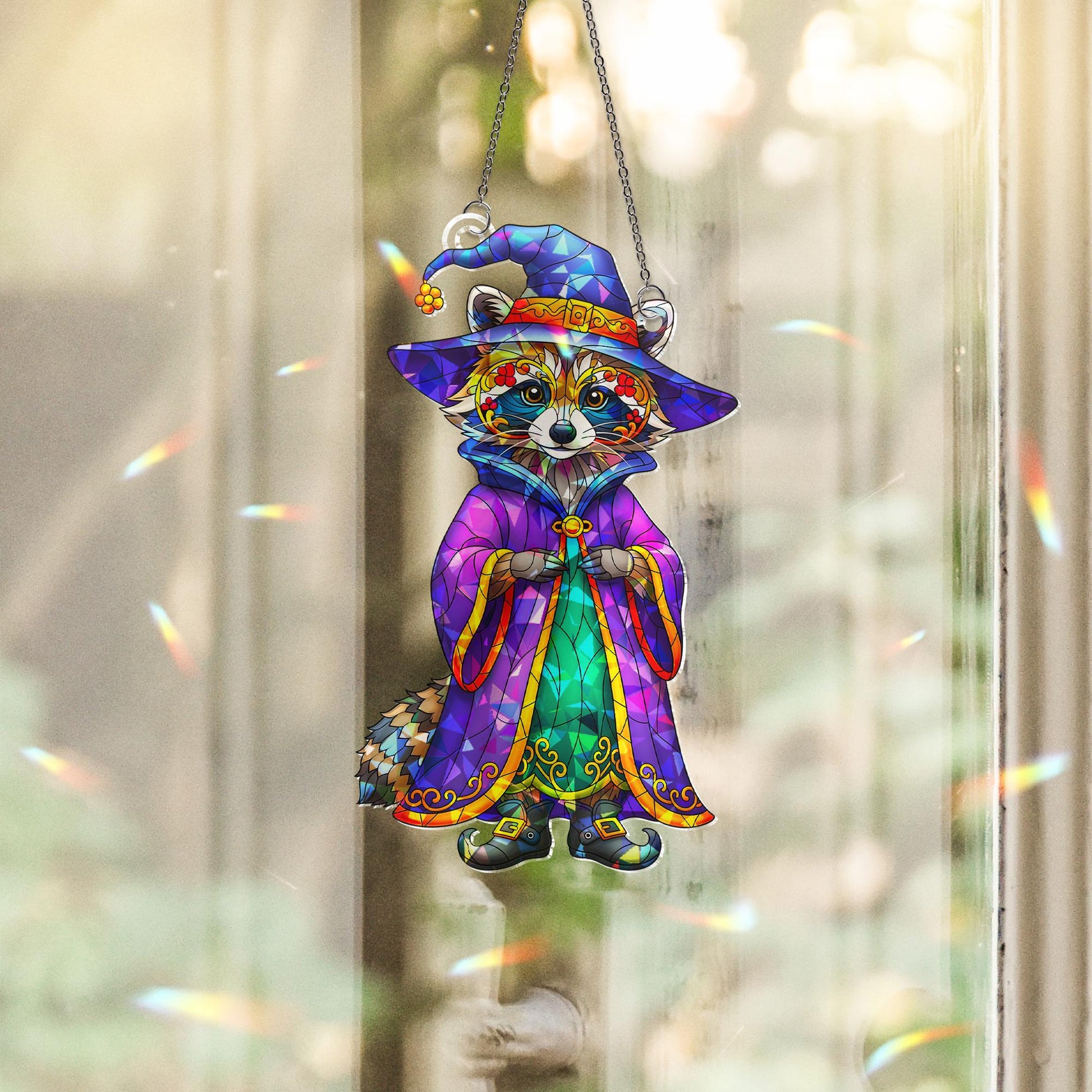 Wizard Raccoon Holographic Window Hanging – Stained Glass Style Suncatcher, Cute Magical Animal Decor for Halloween or Year-Round Charm