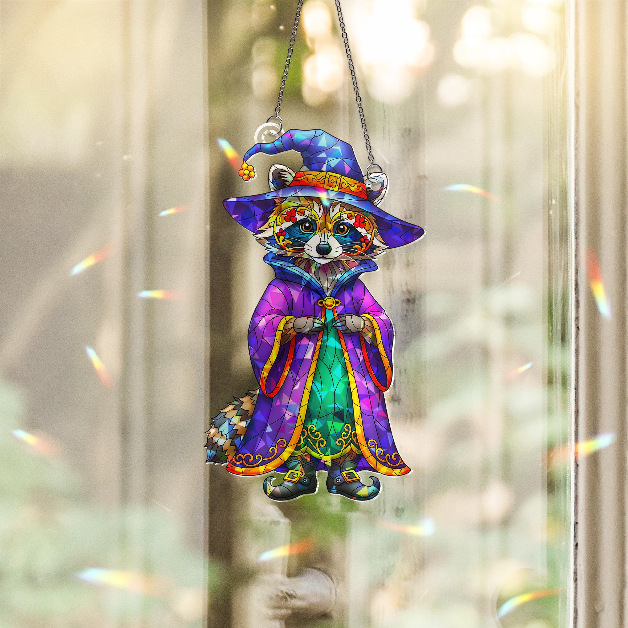 Wizard Raccoon Holographic Window Hanging – Stained Glass Style Suncatcher, Cute Magical Animal Decor for Halloween or Year-Round Charm