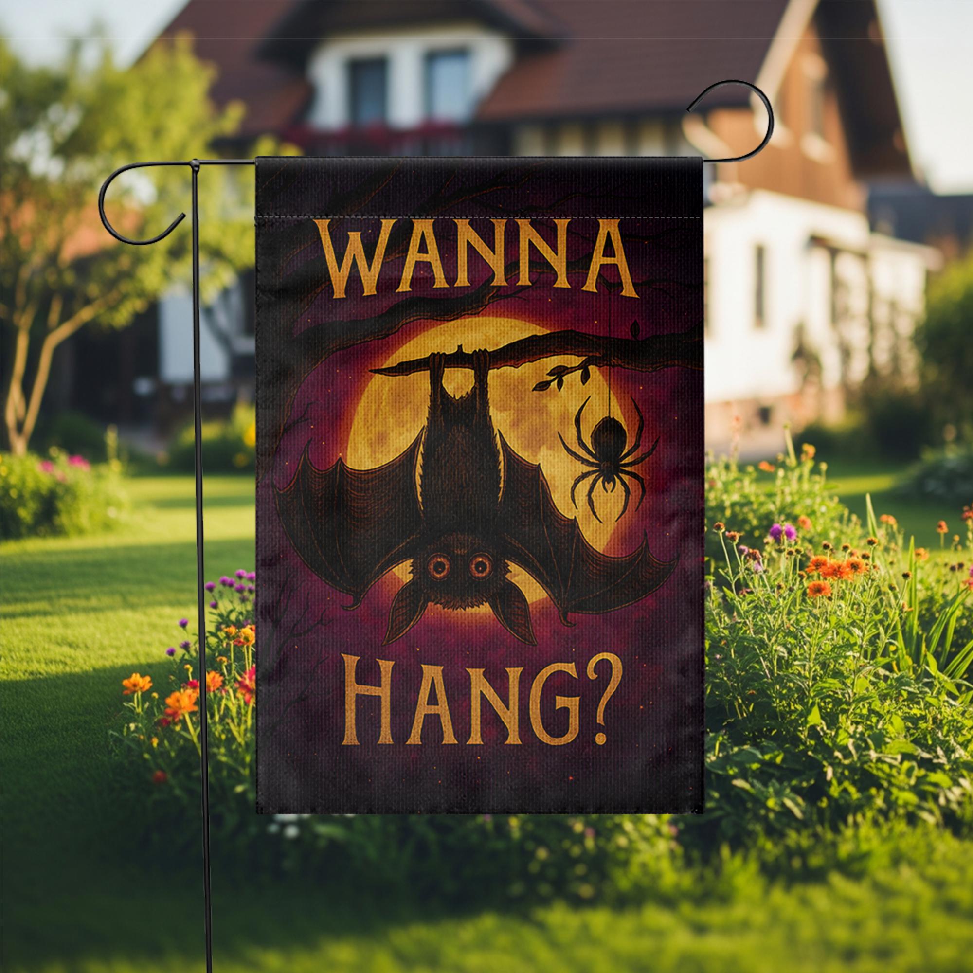 Wanna Hang Halloween Garden Flag – Funny Bat and Spider Yard Decor, Spooky Outdoor Decoration for Fall and Haunted House Vibes