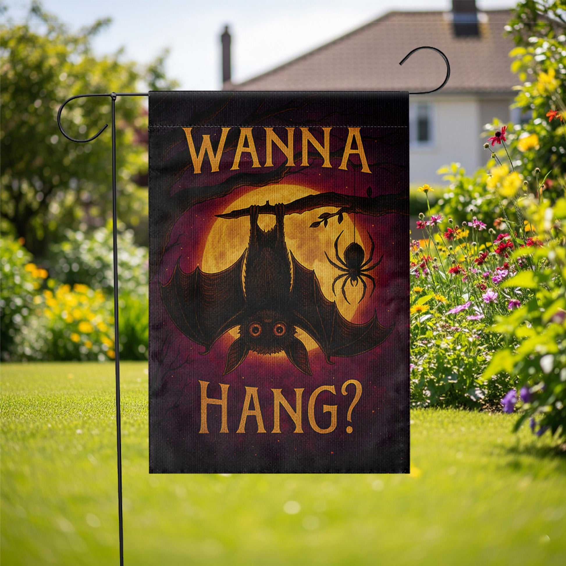Wanna Hang Halloween Garden Flag – Funny Bat and Spider Yard Decor, Spooky Outdoor Decoration for Fall and Haunted House Vibes