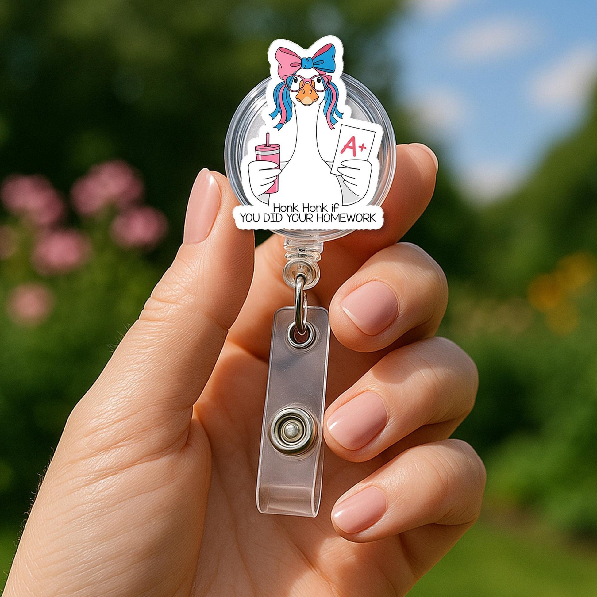 Funny Goose Teacher Badge Reel – "Honk Honk if You Did Your Homework" ID Holder for Educators, Nurses or Staff, Teachers Back To School Clip