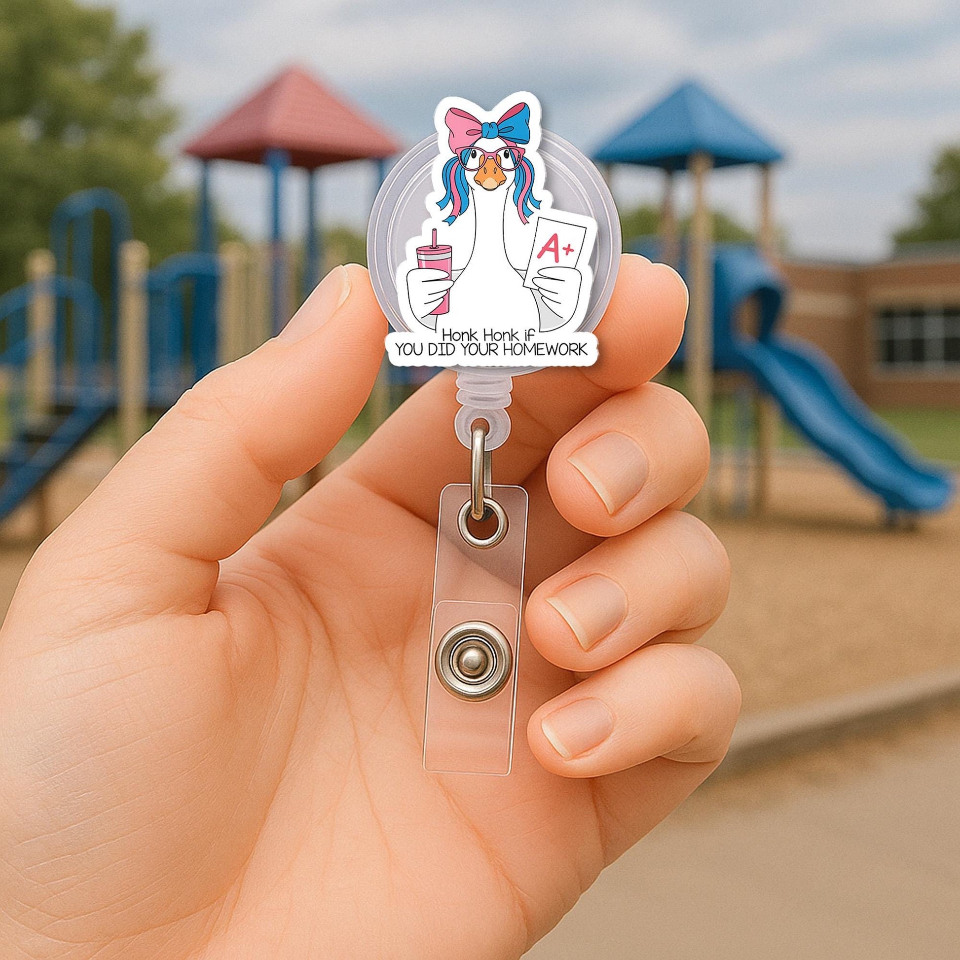 Funny Goose Teacher Badge Reel – "Honk Honk if You Did Your Homework" ID Holder for Educators, Nurses or Staff, Teachers Back To School Clip