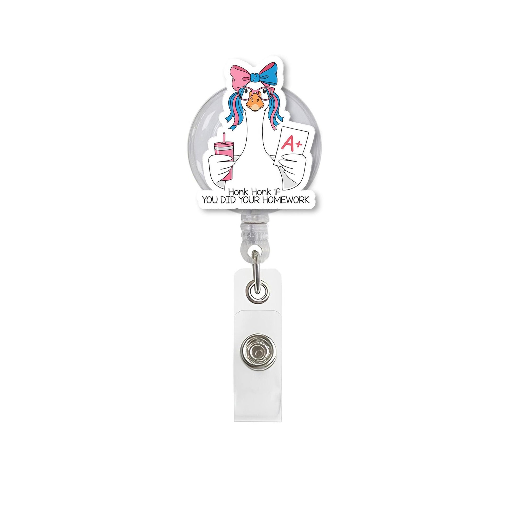 Funny Goose Teacher Badge Reel – "Honk Honk if You Did Your Homework" ID Holder for Educators, Nurses or Staff, Teachers Back To School Clip