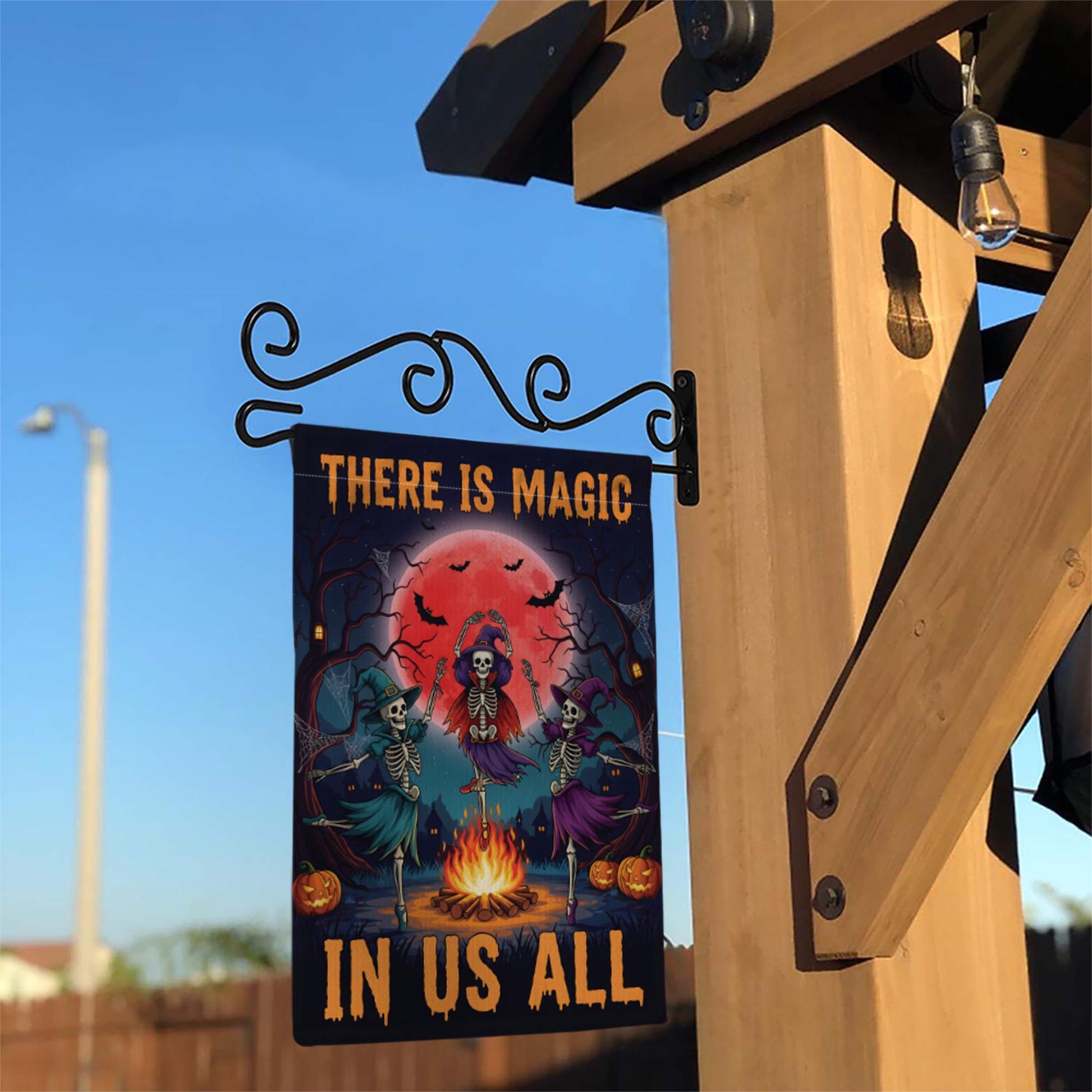 There Is Magic In Us All Halloween Flag – Witch Skeleton Dance Garden Banner, Spooky Fire Pit Outdoor Fall Yard Decor for Halloween