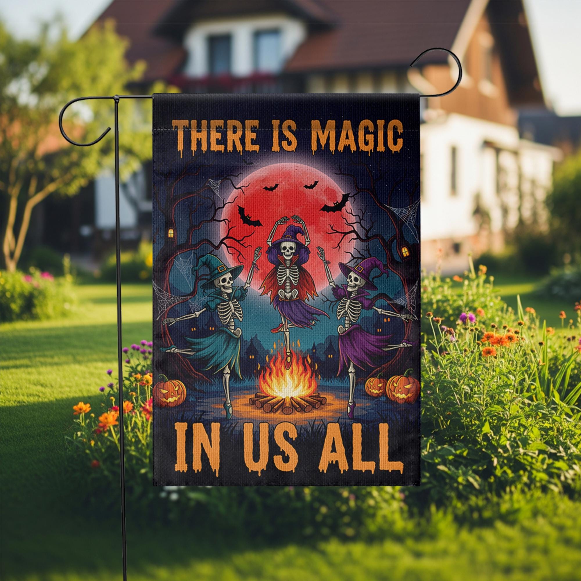 There Is Magic In Us All Halloween Flag – Witch Skeleton Dance Garden Banner, Spooky Fire Pit Outdoor Fall Yard Decor for Halloween