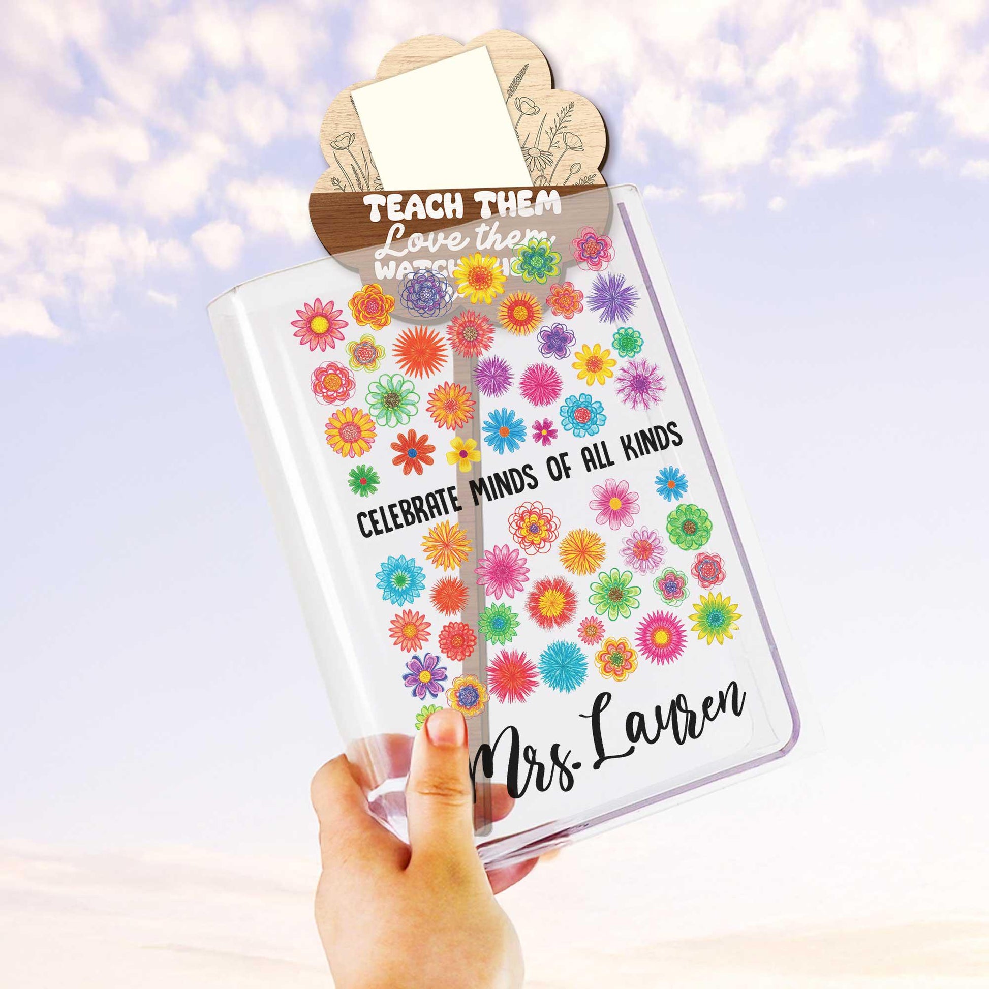 Personalized Teacher Book Vase Gift - Celebrate Minds of All Kinds - Flower Sticky Note Holder - Back to School Classroom Decor
