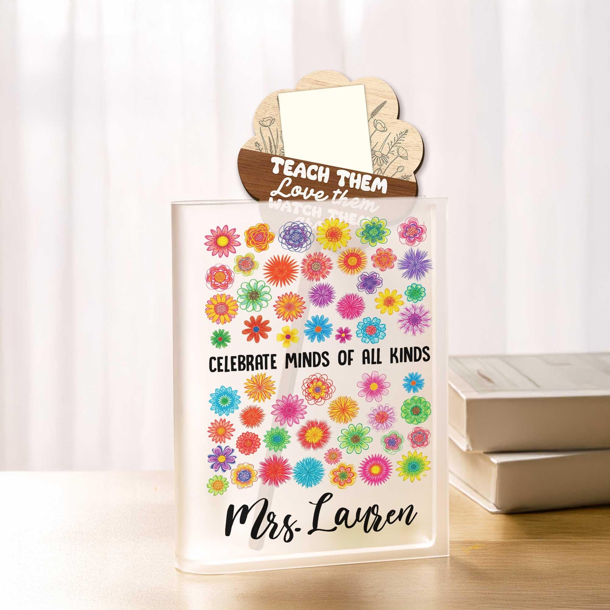 Personalized Teacher Book Vase Gift - Celebrate Minds of All Kinds - Flower Sticky Note Holder - Back to School Classroom Decor
