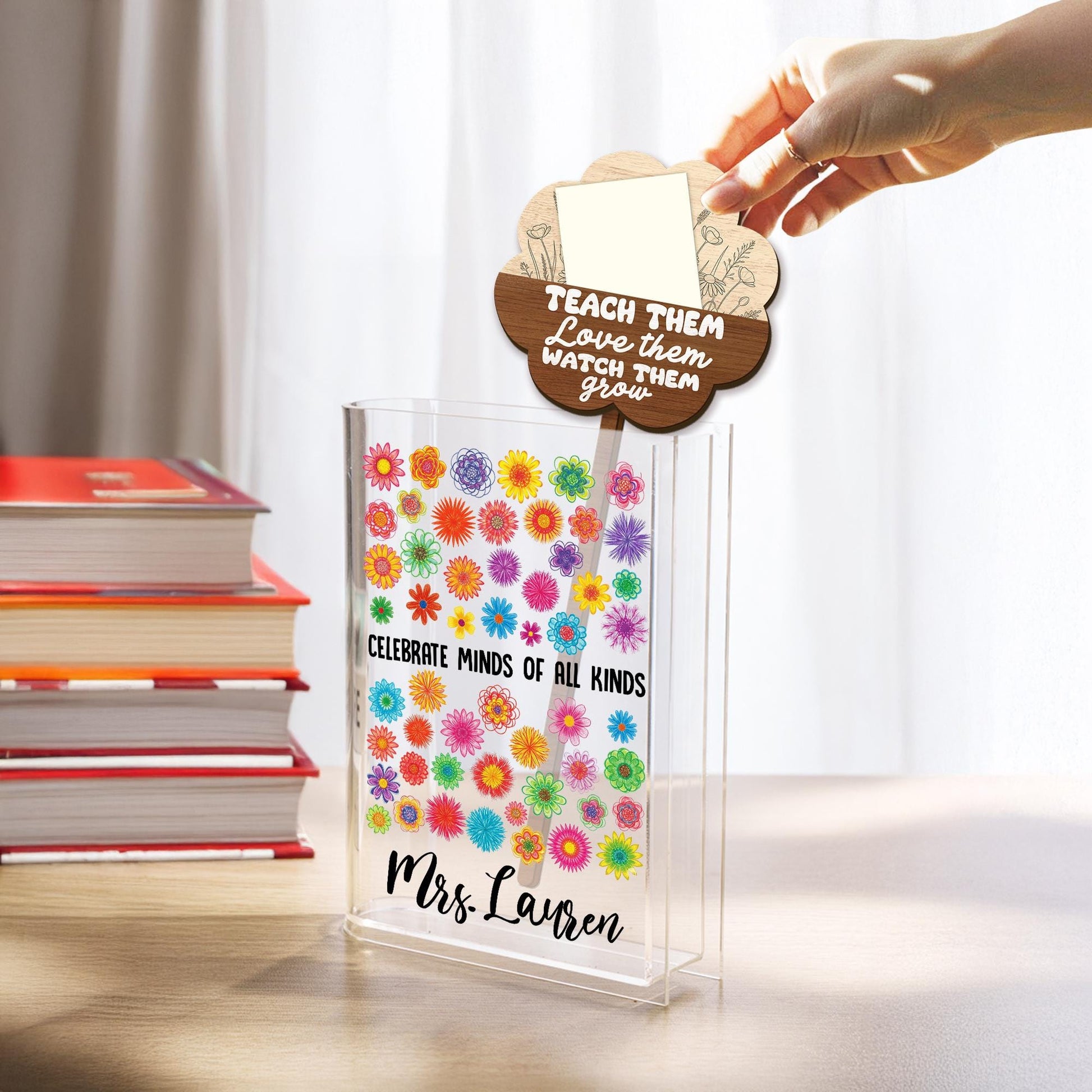 Personalized Teacher Book Vase Gift - Celebrate Minds of All Kinds - Flower Sticky Note Holder - Back to School Classroom Decor