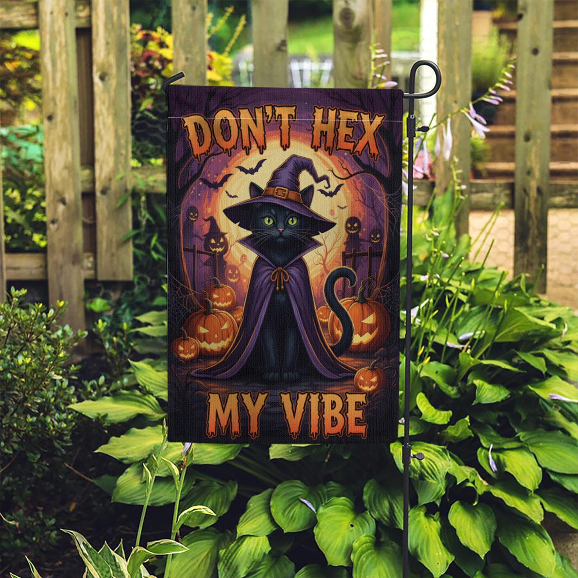 Don't Hex My Vibe Halloween Garden Flag – Witch Cat and Pumpkin Spooky Yard Banner, Funny Outdoor Fall Decor for Halloween Lovers