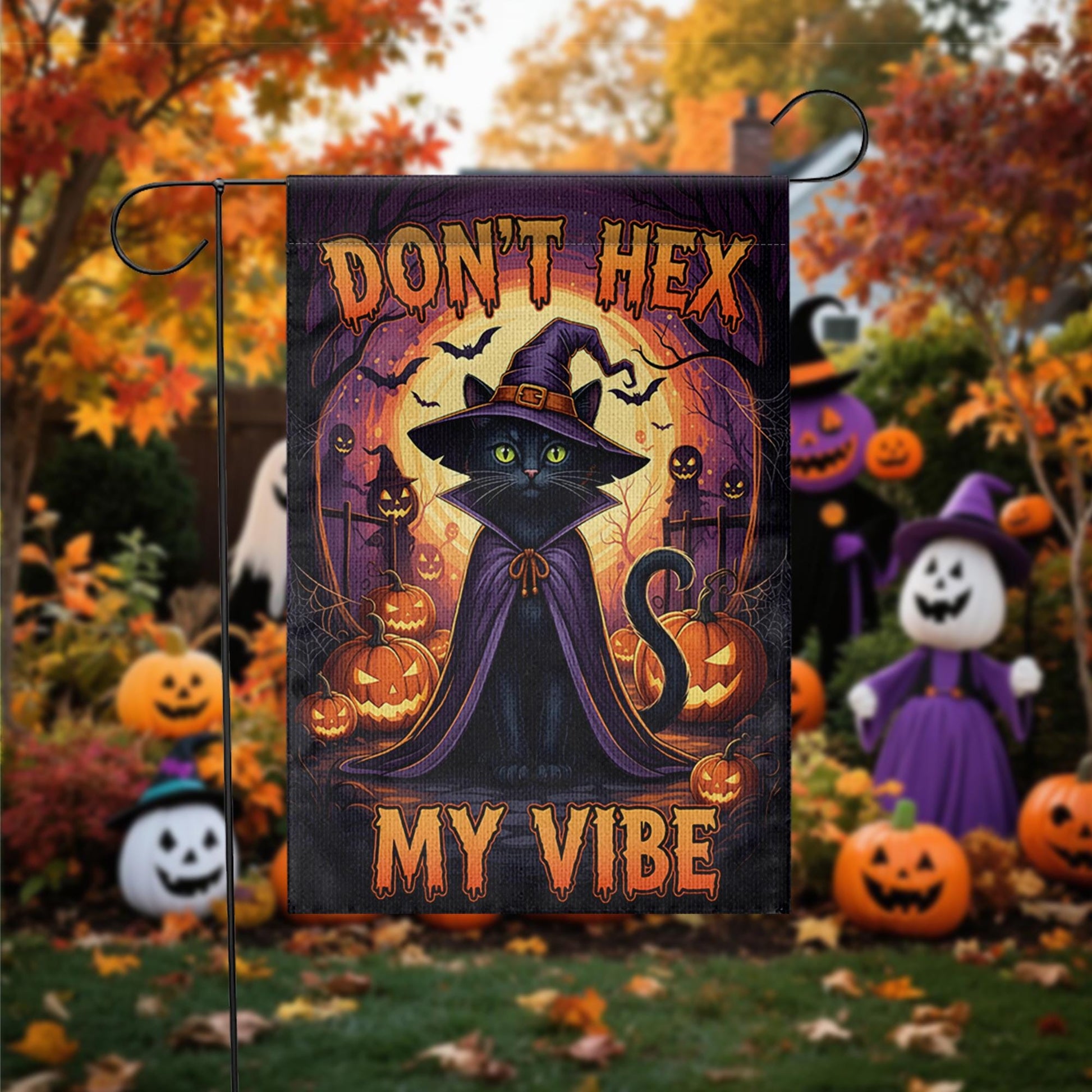 Don't Hex My Vibe Halloween Garden Flag – Witch Cat and Pumpkin Spooky Yard Banner, Funny Outdoor Fall Decor for Halloween Lovers