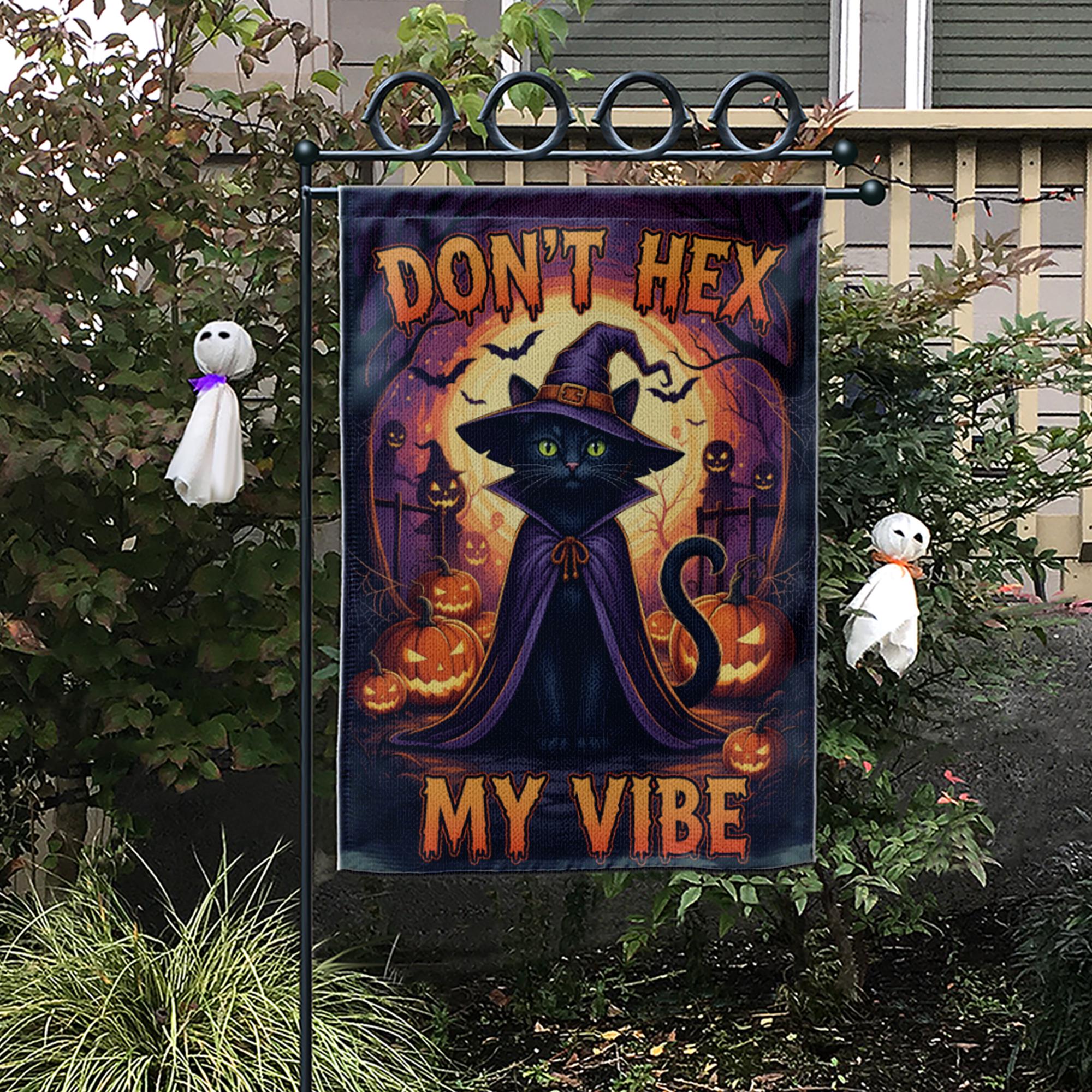 Don't Hex My Vibe Halloween Garden Flag – Witch Cat and Pumpkin Spooky Yard Banner, Funny Outdoor Fall Decor for Halloween Lovers