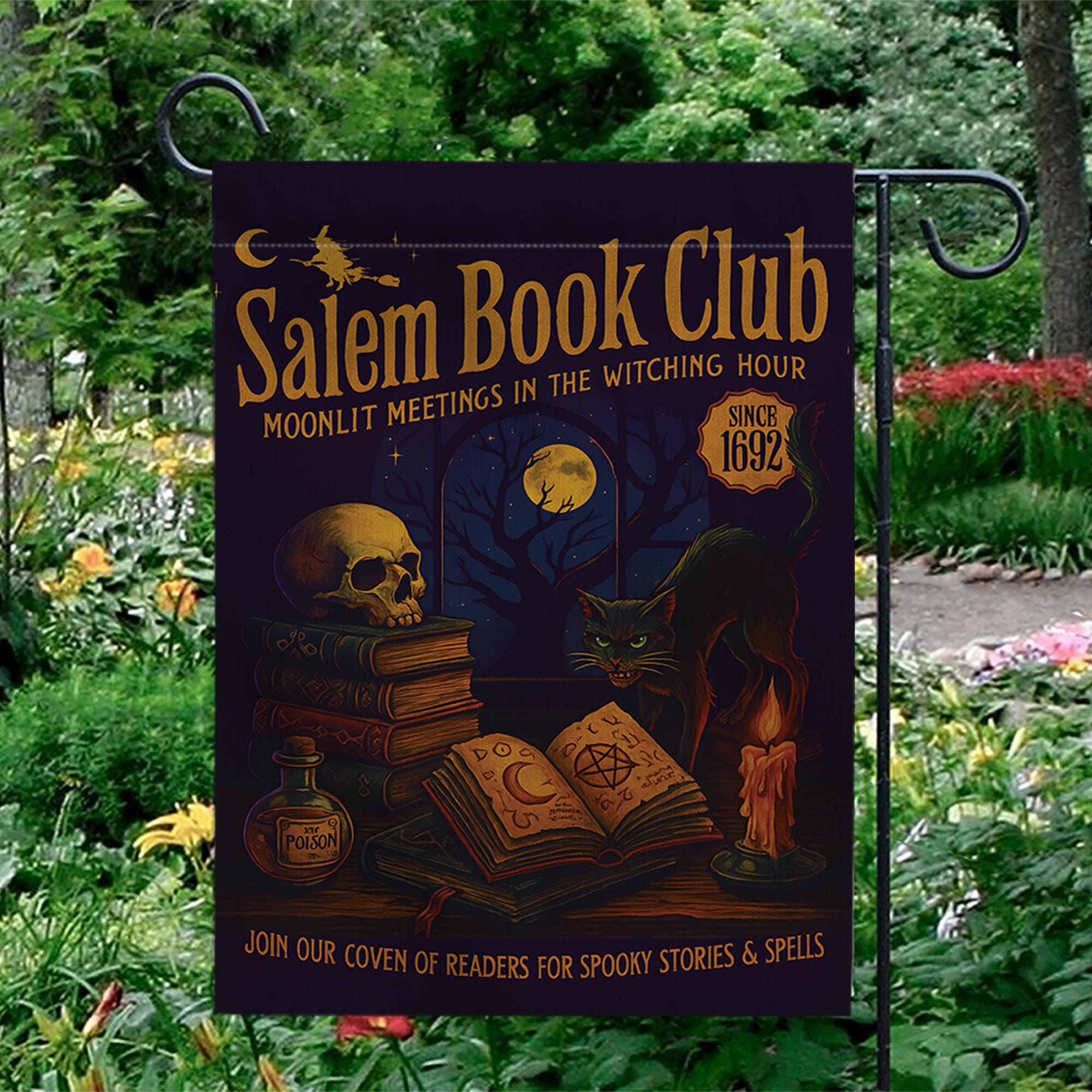 Salem Book Club Garden Flag – Witchy Halloween Outdoor Decor, Moonlit Reading Coven Banner, Spooky Gothic Yard Flag for Book Lovers