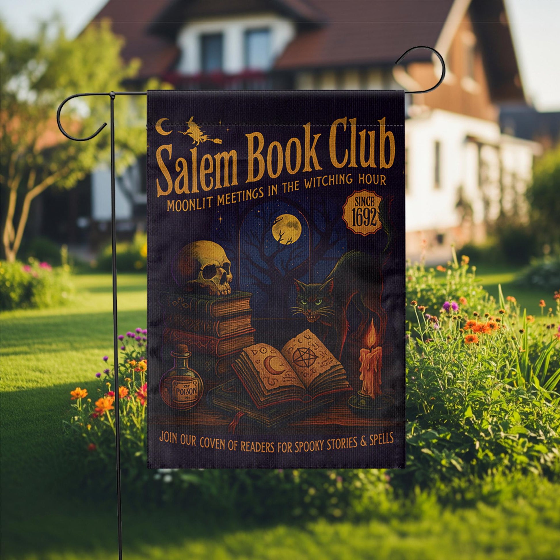 Salem Book Club Garden Flag – Witchy Halloween Outdoor Decor, Moonlit Reading Coven Banner, Spooky Gothic Yard Flag for Book Lovers