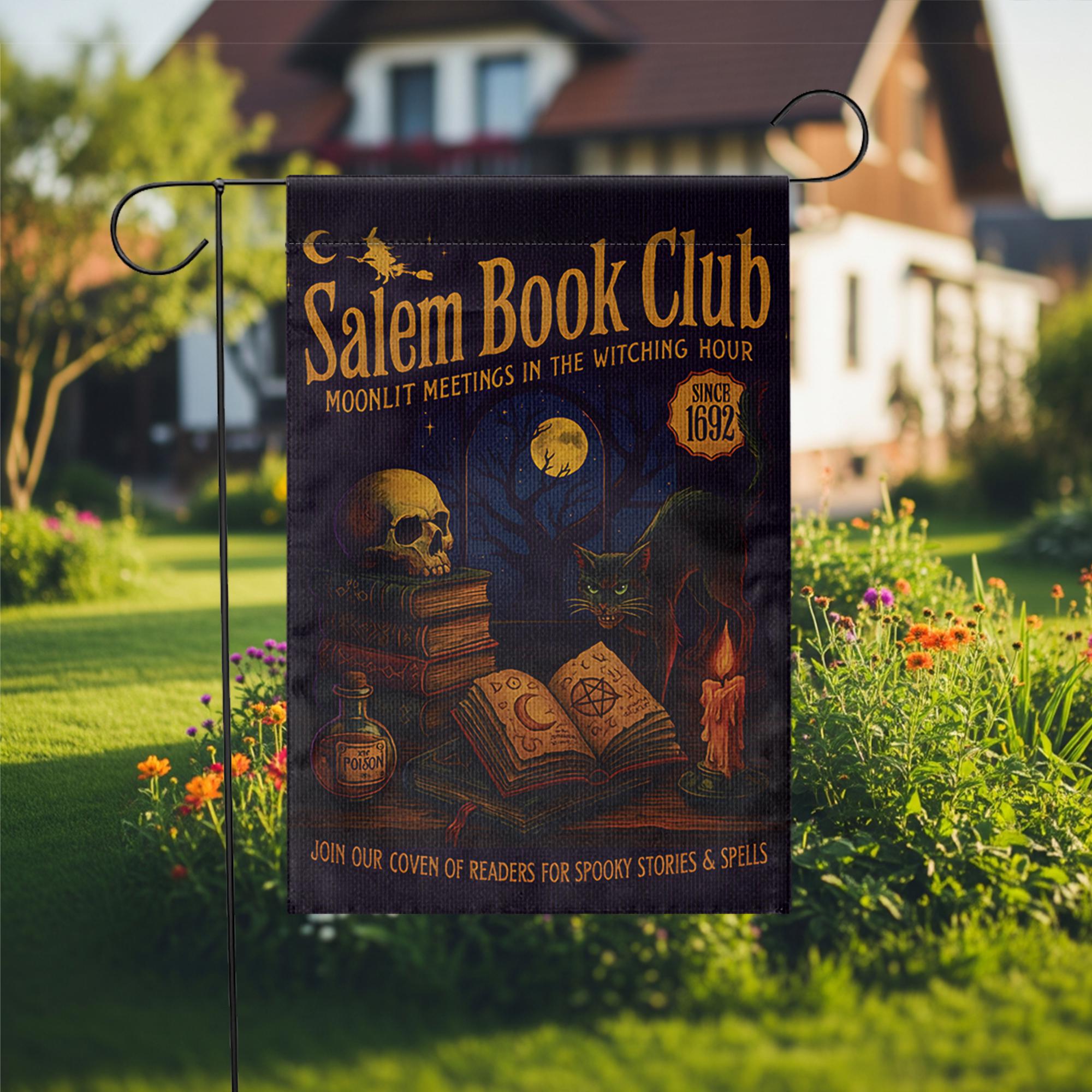 Salem Book Club Garden Flag – Witchy Halloween Outdoor Decor, Moonlit Reading Coven Banner, Spooky Gothic Yard Flag for Book Lovers