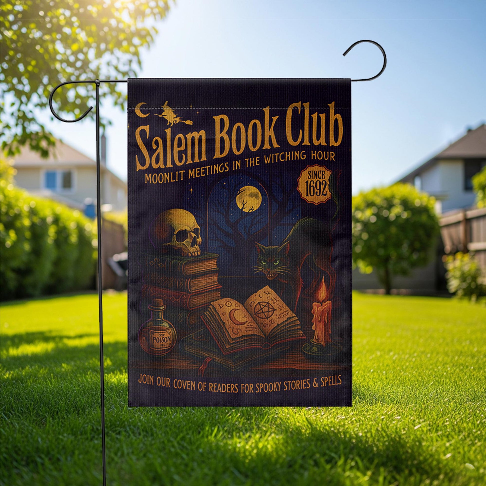 Salem Book Club Garden Flag – Witchy Halloween Outdoor Decor, Moonlit Reading Coven Banner, Spooky Gothic Yard Flag for Book Lovers