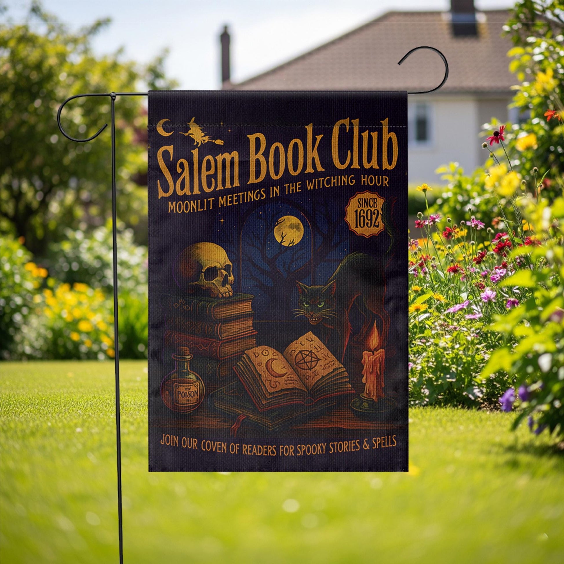 Salem Book Club Garden Flag – Witchy Halloween Outdoor Decor, Moonlit Reading Coven Banner, Spooky Gothic Yard Flag for Book Lovers