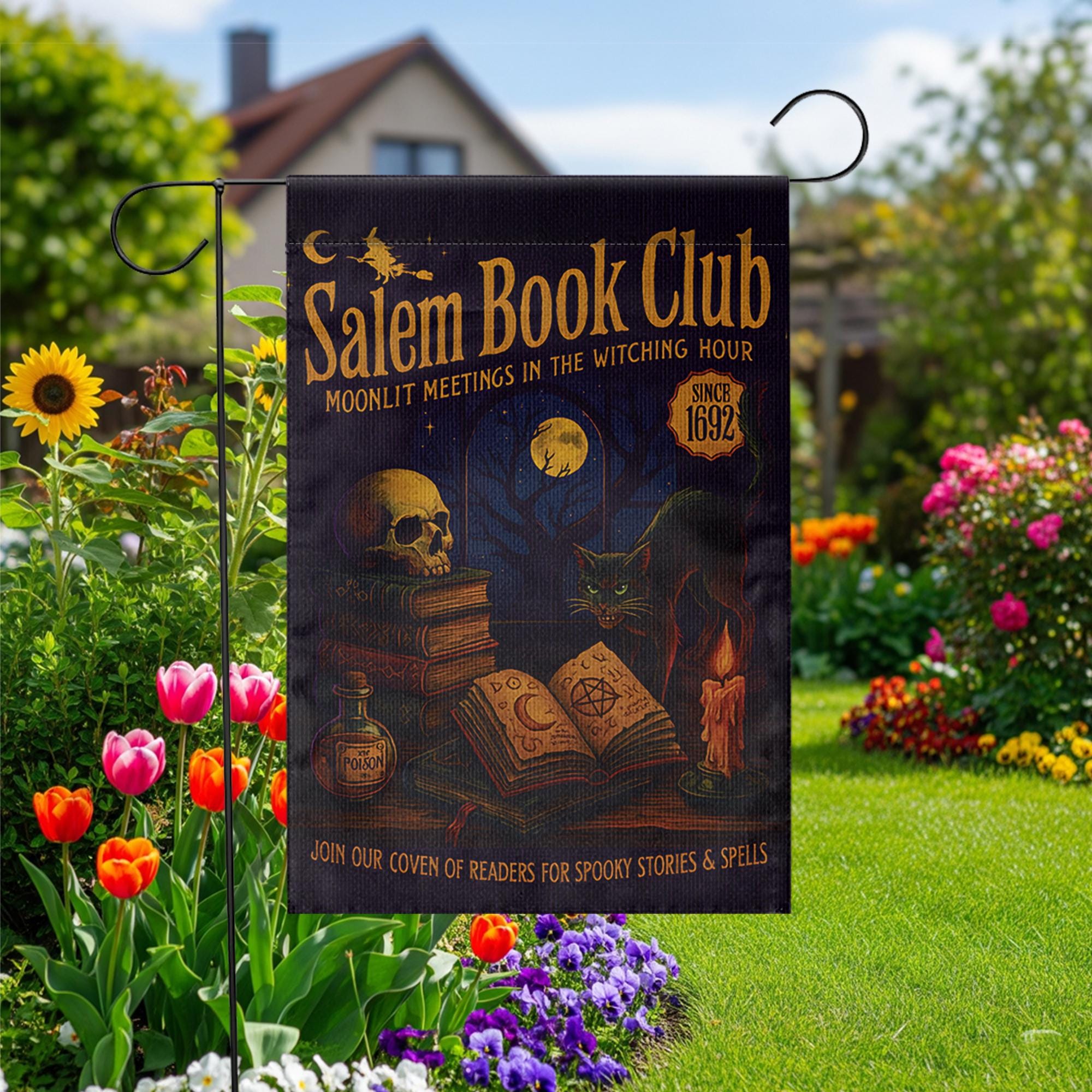 Salem Book Club Garden Flag – Witchy Halloween Outdoor Decor, Moonlit Reading Coven Banner, Spooky Gothic Yard Flag for Book Lovers
