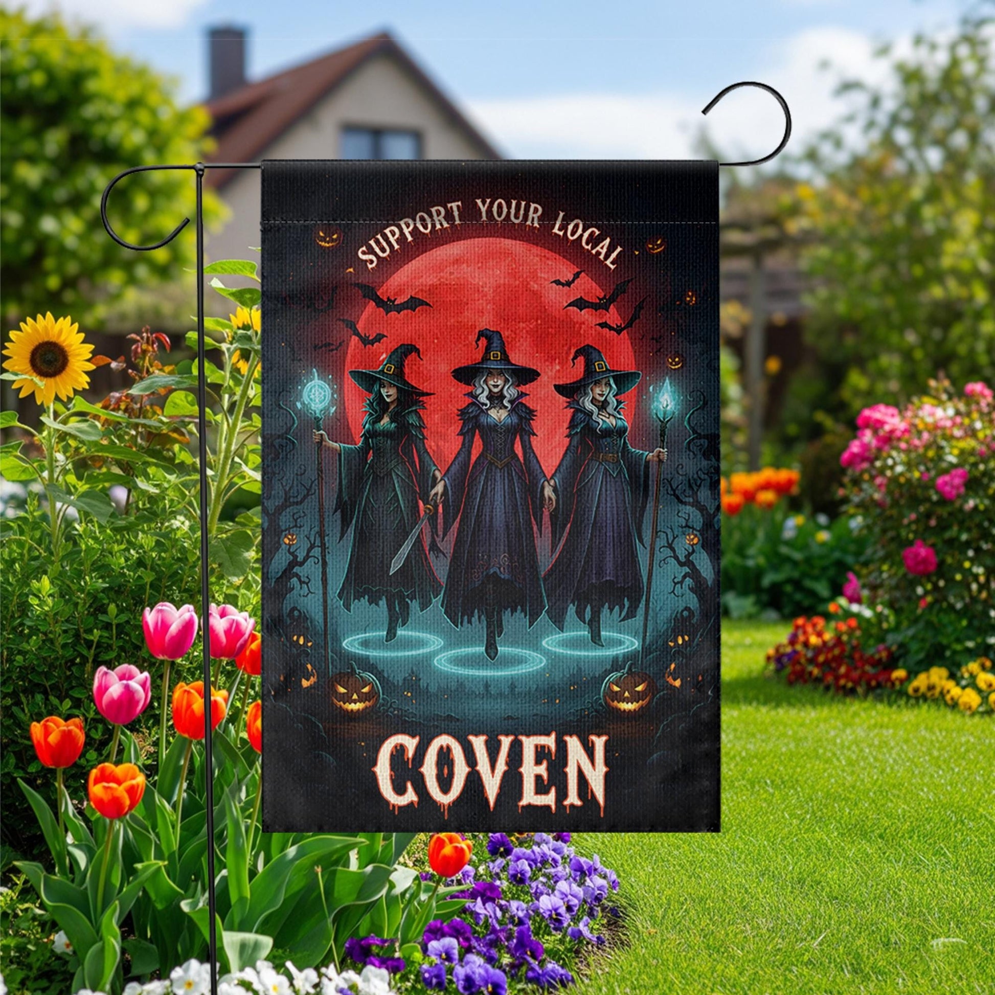 Support Your Local Coven Garden Flag – Witch Halloween Decor, Spooky Gothic Yard Banner, Witches Outdoor Sign for Halloween Vibes