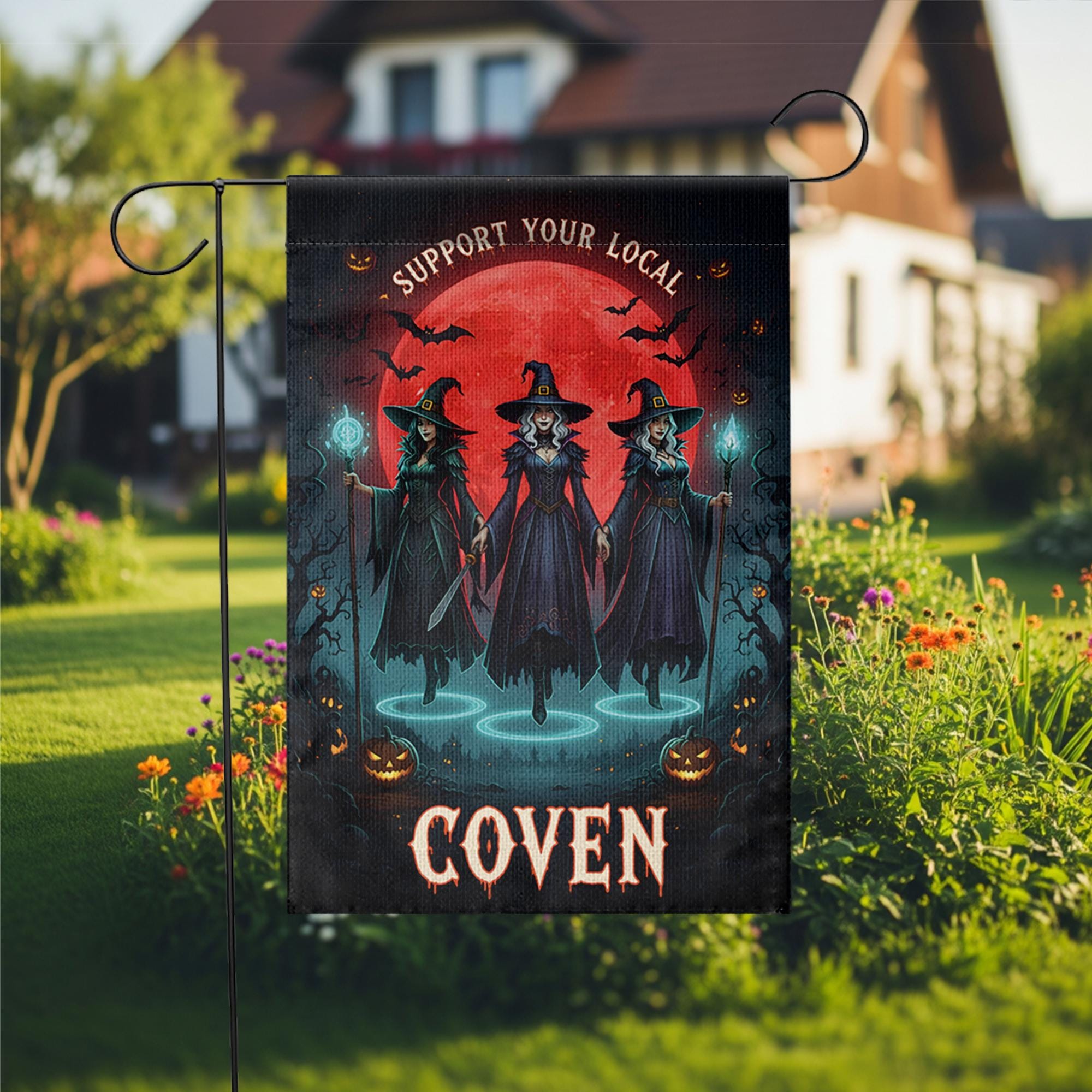 Support Your Local Coven Garden Flag – Witch Halloween Decor, Spooky Gothic Yard Banner, Witches Outdoor Sign for Halloween Vibes