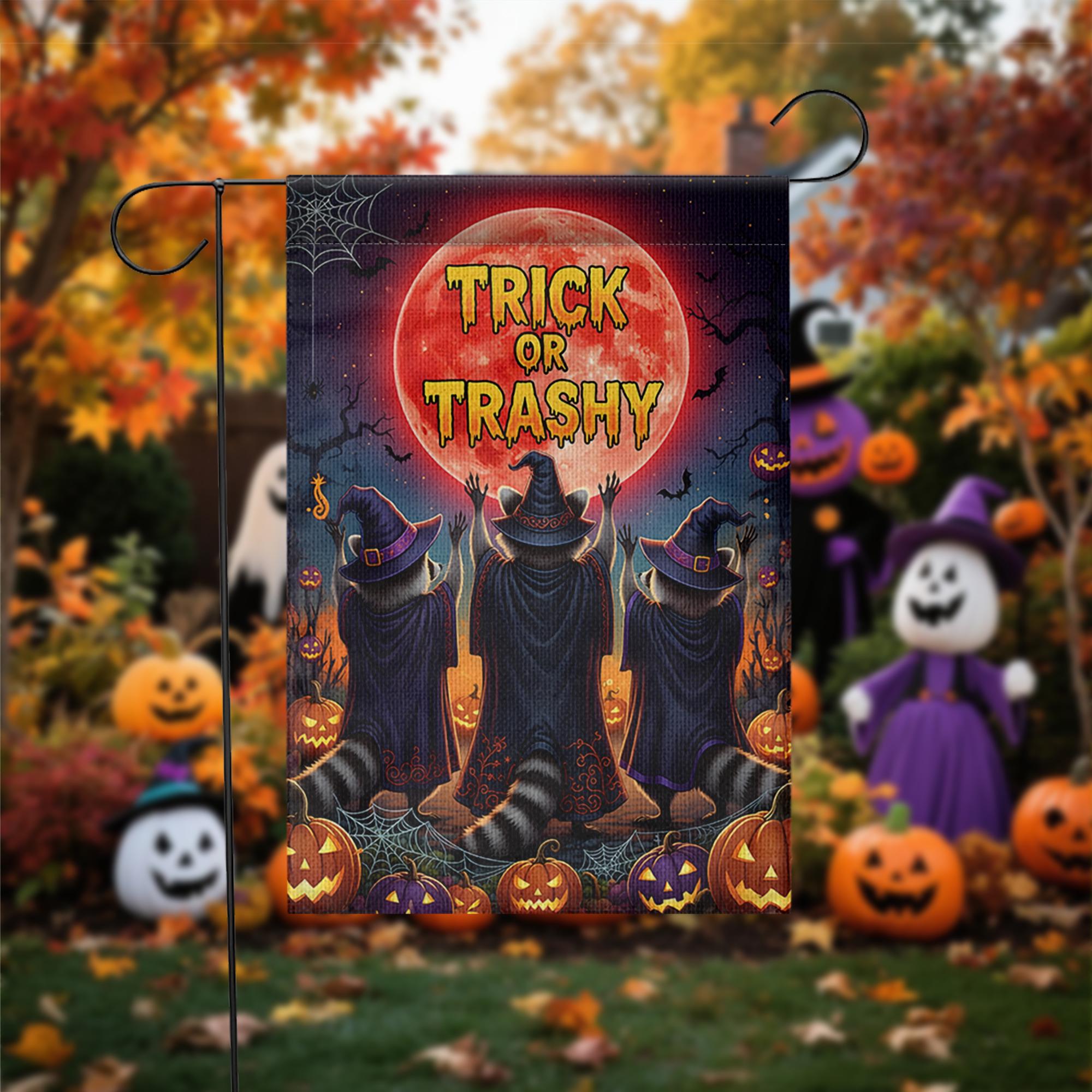 Trick or Trashy Garden Flag – Funny Halloween Raccoon Flag, Witchy Outdoor Decor, Spooky Yard Sign with Pumpkins & Full Moon