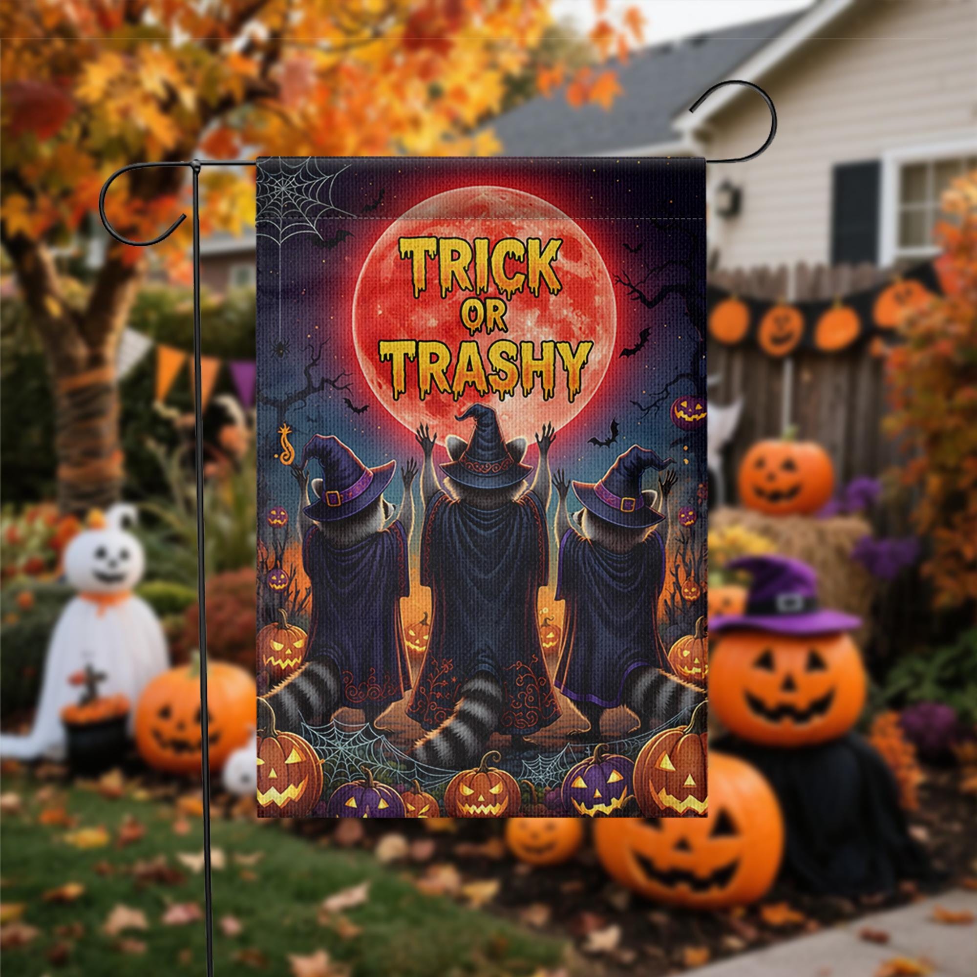Trick or Trashy Garden Flag – Funny Halloween Raccoon Flag, Witchy Outdoor Decor, Spooky Yard Sign with Pumpkins & Full Moon