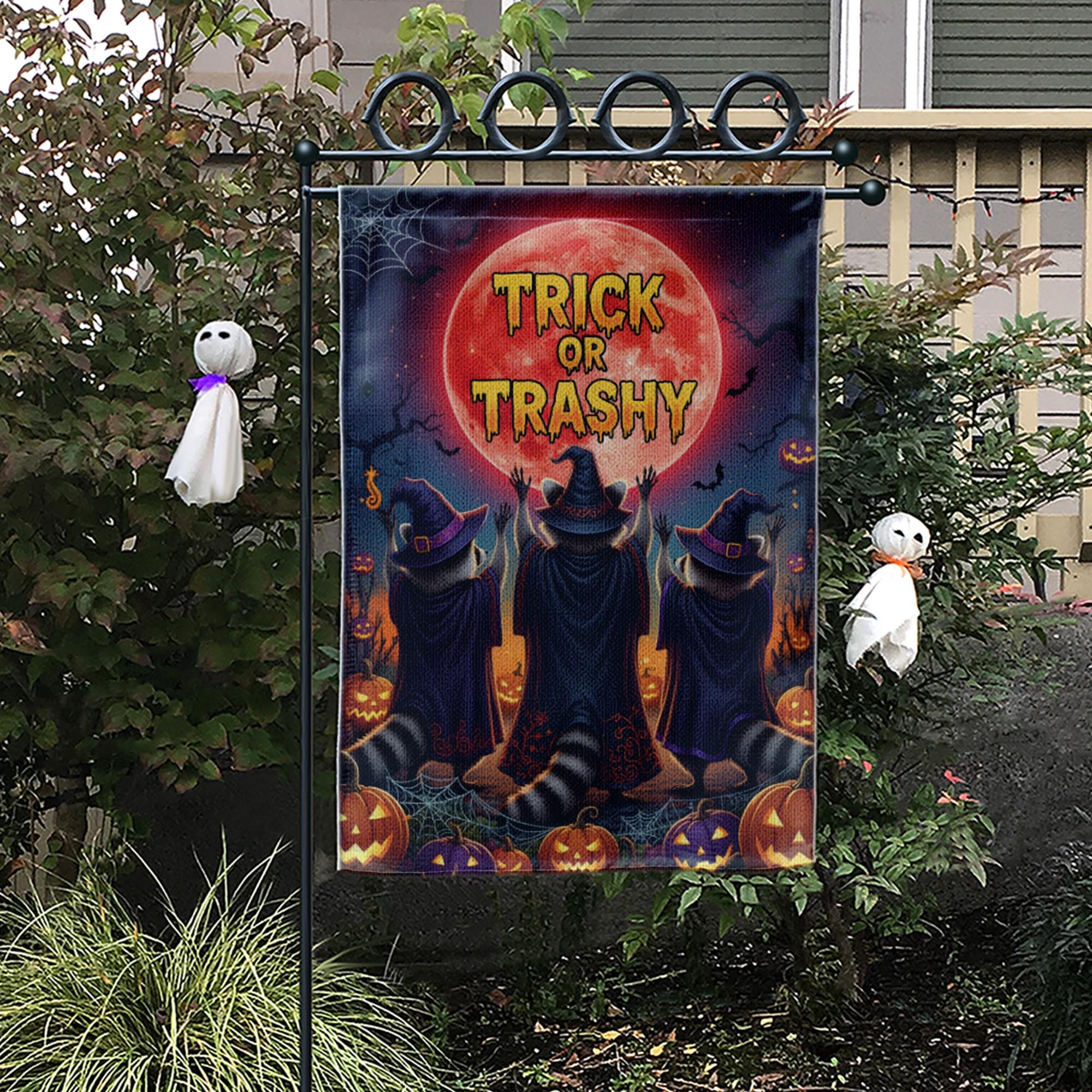 Trick or Trashy Garden Flag – Funny Halloween Raccoon Flag, Witchy Outdoor Decor, Spooky Yard Sign with Pumpkins & Full Moon