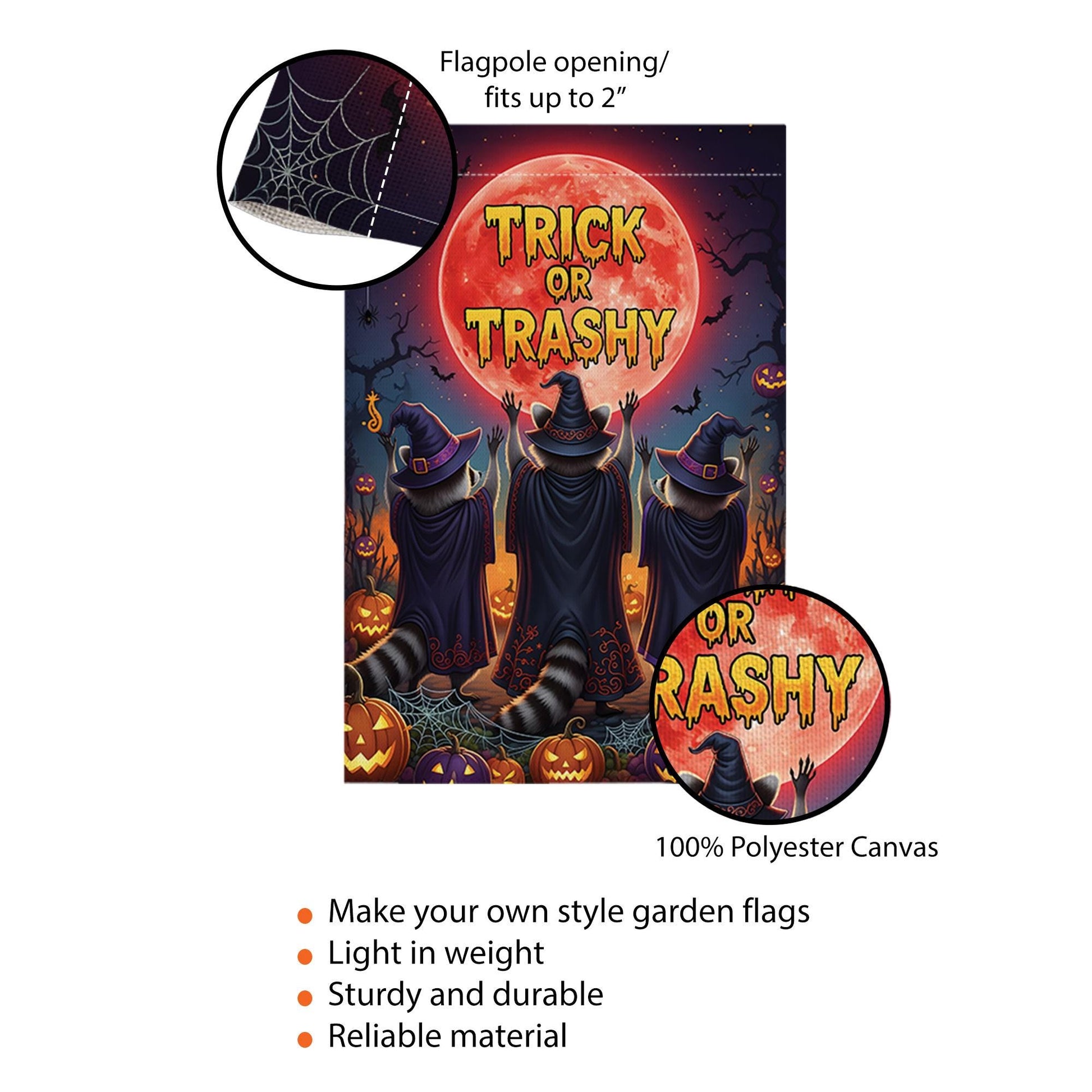 Trick or Trashy Garden Flag – Funny Halloween Raccoon Flag, Witchy Outdoor Decor, Spooky Yard Sign with Pumpkins & Full Moon