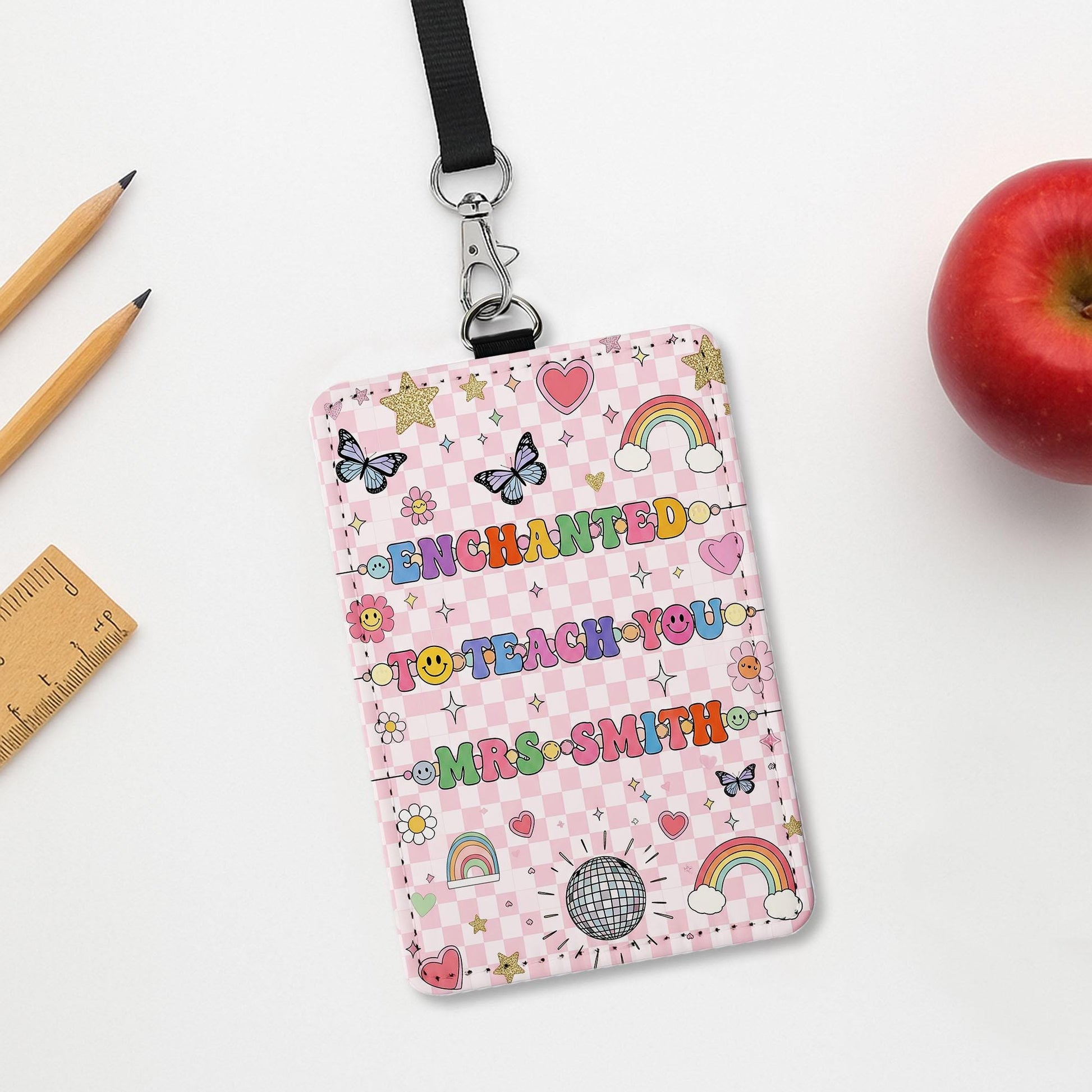 Enchanted Teacher Badge Holder, Cute Leather ID Holder, Rainbow Butterfly Lanyard, Gift for Teachers, Fun Classroom Accessory
