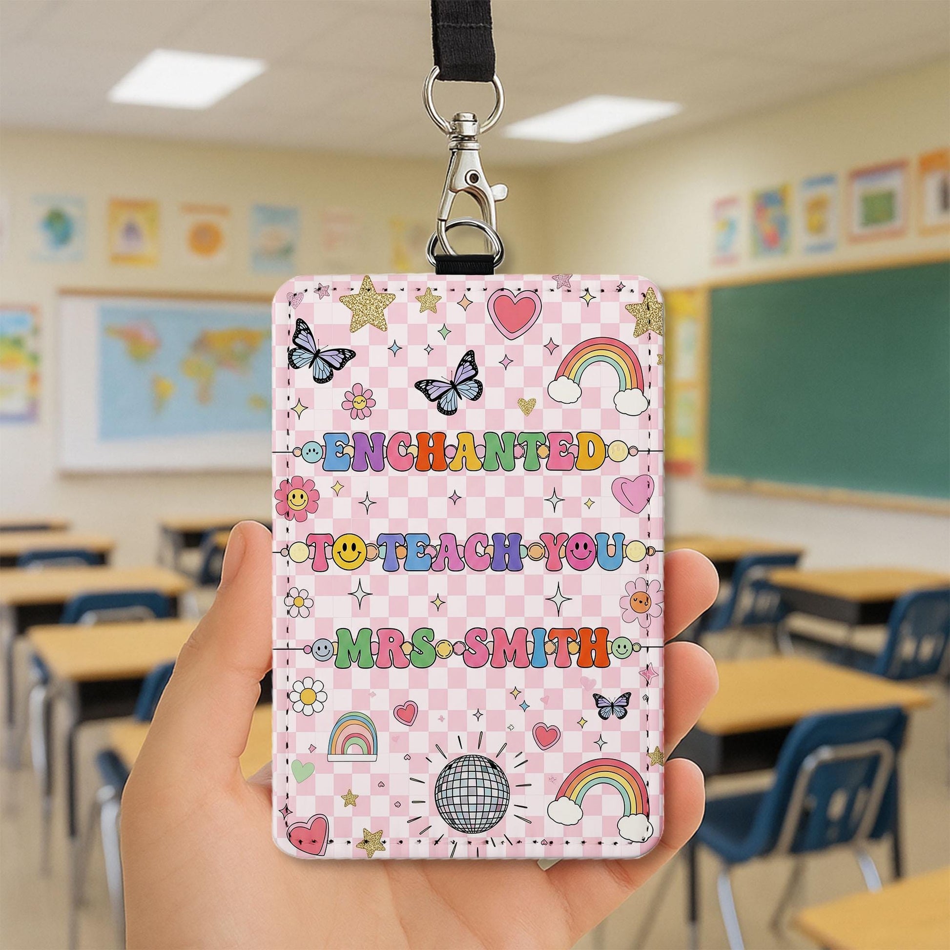 Enchanted Teacher Badge Holder, Cute Leather ID Holder, Rainbow Butterfly Lanyard, Gift for Teachers, Fun Classroom Accessory