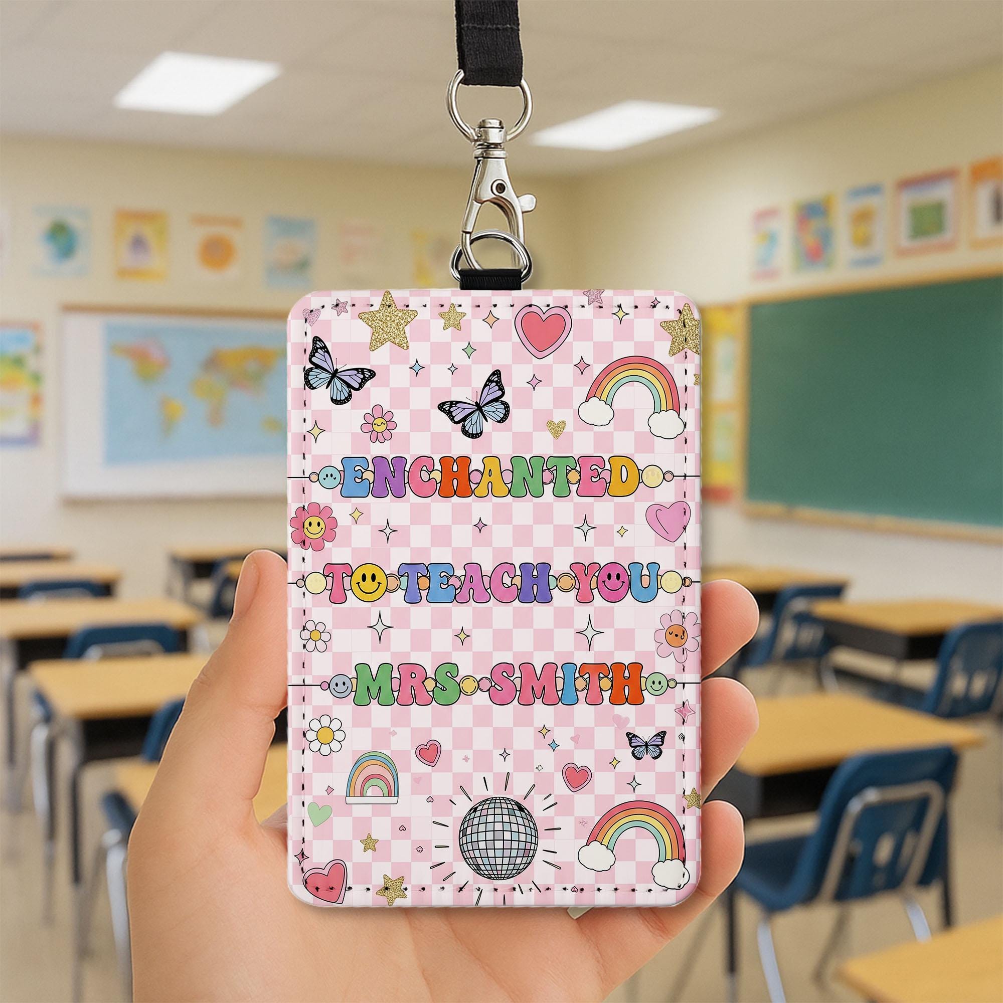 Enchanted Teacher Badge Holder, Cute Leather ID Holder, Rainbow Butterfly Lanyard, Gift for Teachers, Fun Classroom Accessory