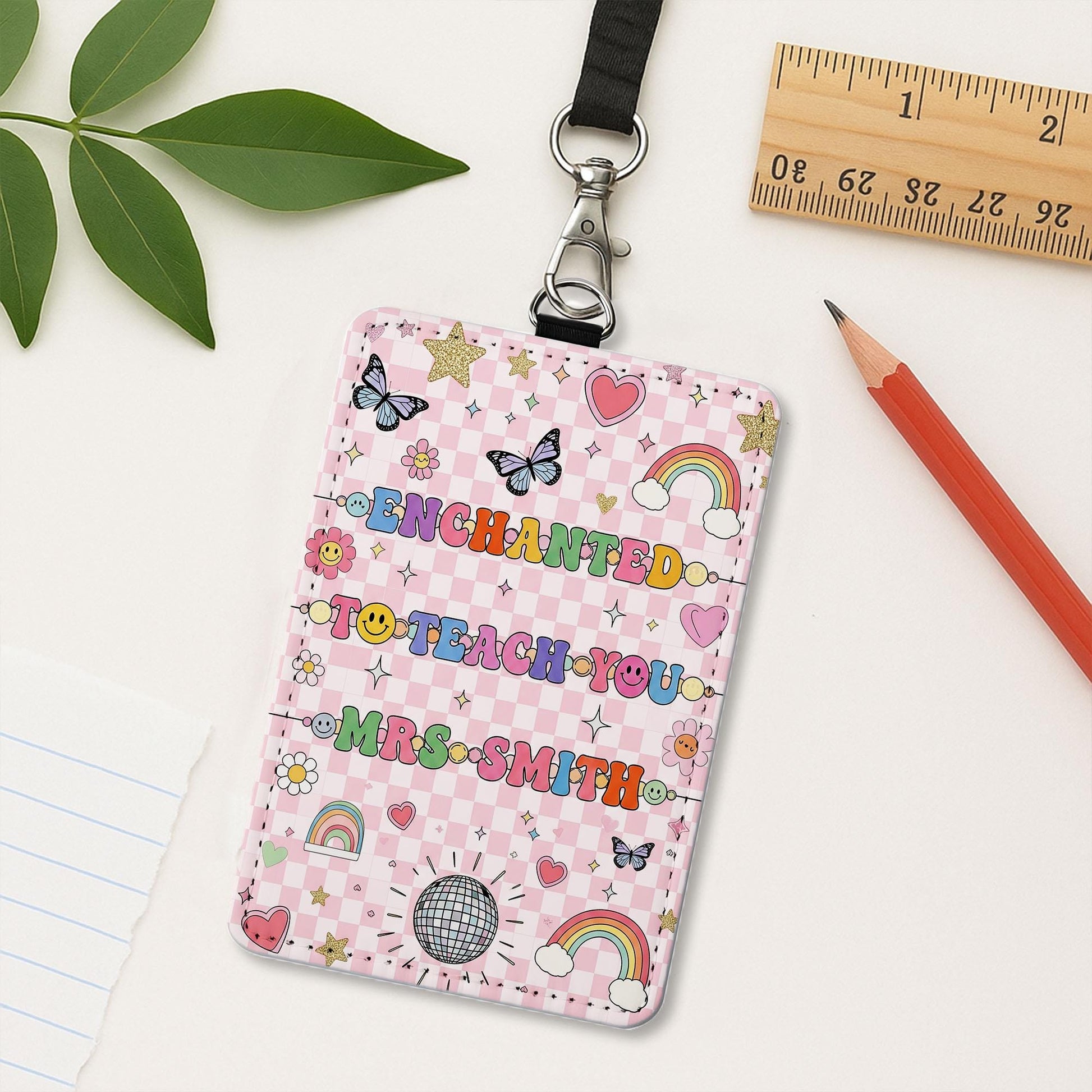 Enchanted Teacher Badge Holder, Cute Leather ID Holder, Rainbow Butterfly Lanyard, Gift for Teachers, Fun Classroom Accessory