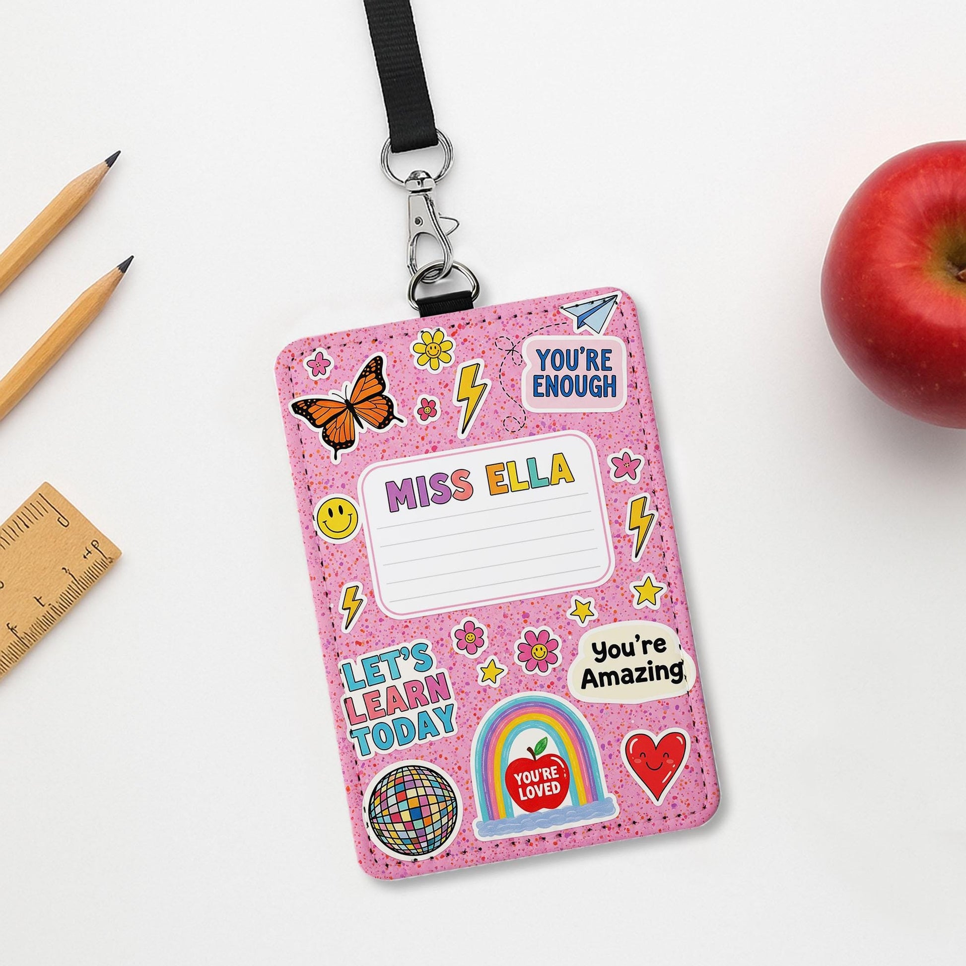 Teacher Badge Holder, Cute ID Badge, Teacher Lanyard, Rainbow Name Tag, Personalized Teacher Gift, Classroom Accessories
